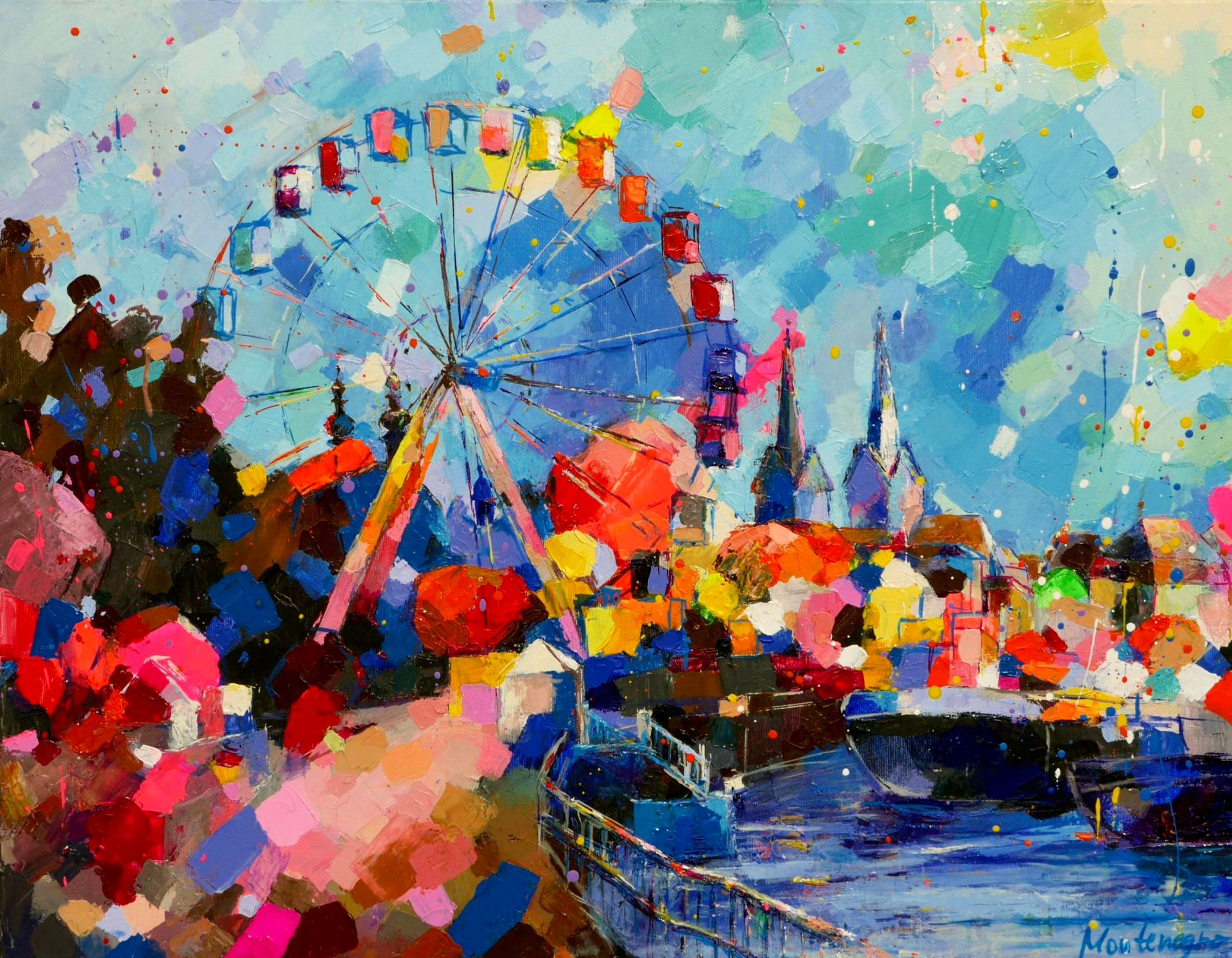 Miriam Montenegro Pittura espressionista Scena di città lungo il fiume con ruota panoramica