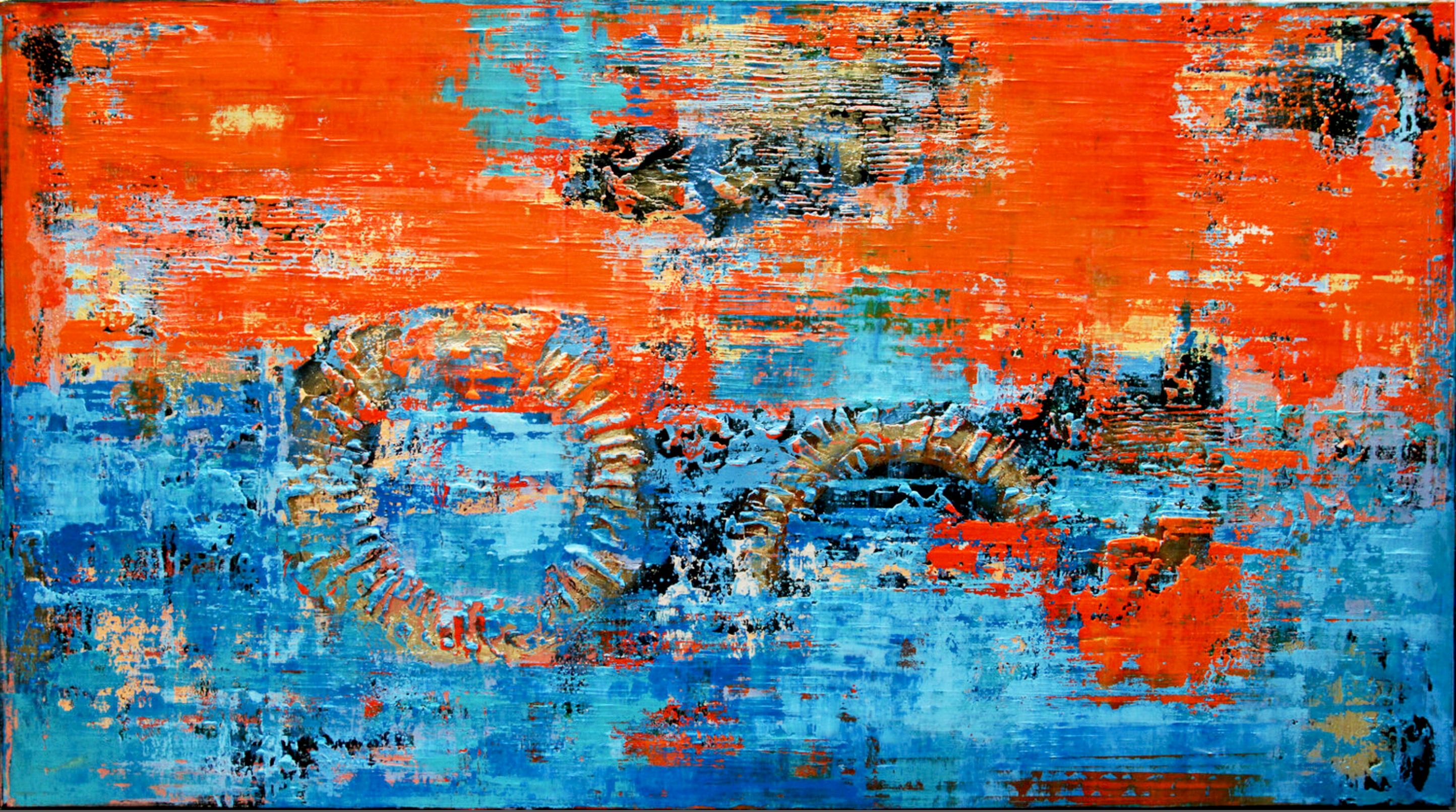 Dans la peinture abstraite colorée "RIMINI" d'Inez Froehlich, des structures. Des couleurs chaudes et vives en rouge et bleu. Le style du tableau est shabby chic, style industriel, vintage, rétro, intérieur bohème