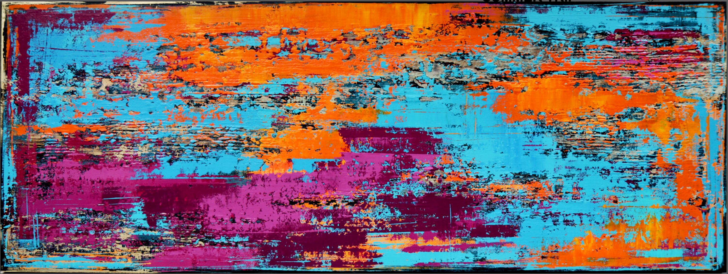 En "VIAJE DE VERANO" de Inez Froehlich pintura abstracta colorista con estructuras. Colores cálidos y vivos en naranja, azul, turquesa y violeta. El estilo del cuadro es shabby chic, estilo industrial, vintage, retro.