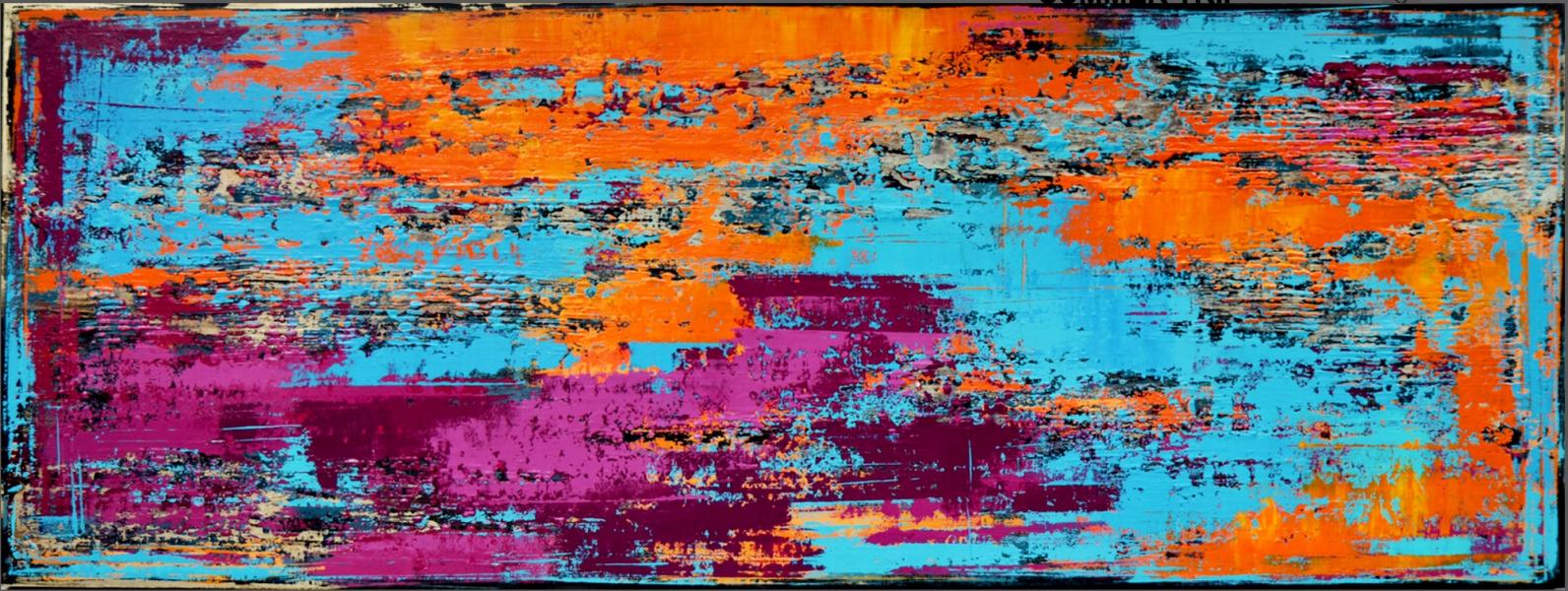 In Inez Froehlich's "SUMMER TRIP" abstraktes farbenfrohes Gemälde mit Strukturen. Warme, lebendige Farben in Orange , Blau, Türkis und Violett. Der Stil des Gemäldes ist Shabby chic, Industriestil, Vintage, Retro.