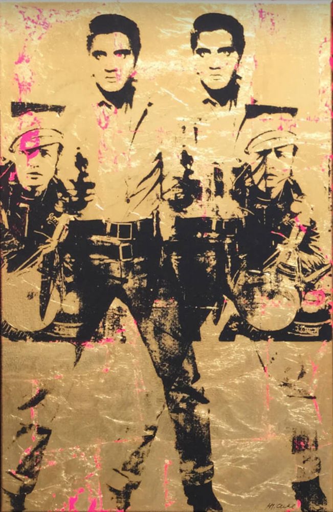 Jürgen Kuhl Siebdruck Illustration gold  Elvis Presley mit Revolver und Marlon Brando