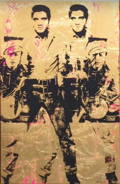 Jürgen Kuhl silkscreen illustration gold Elvis Presley with revolver and Marlon Brando