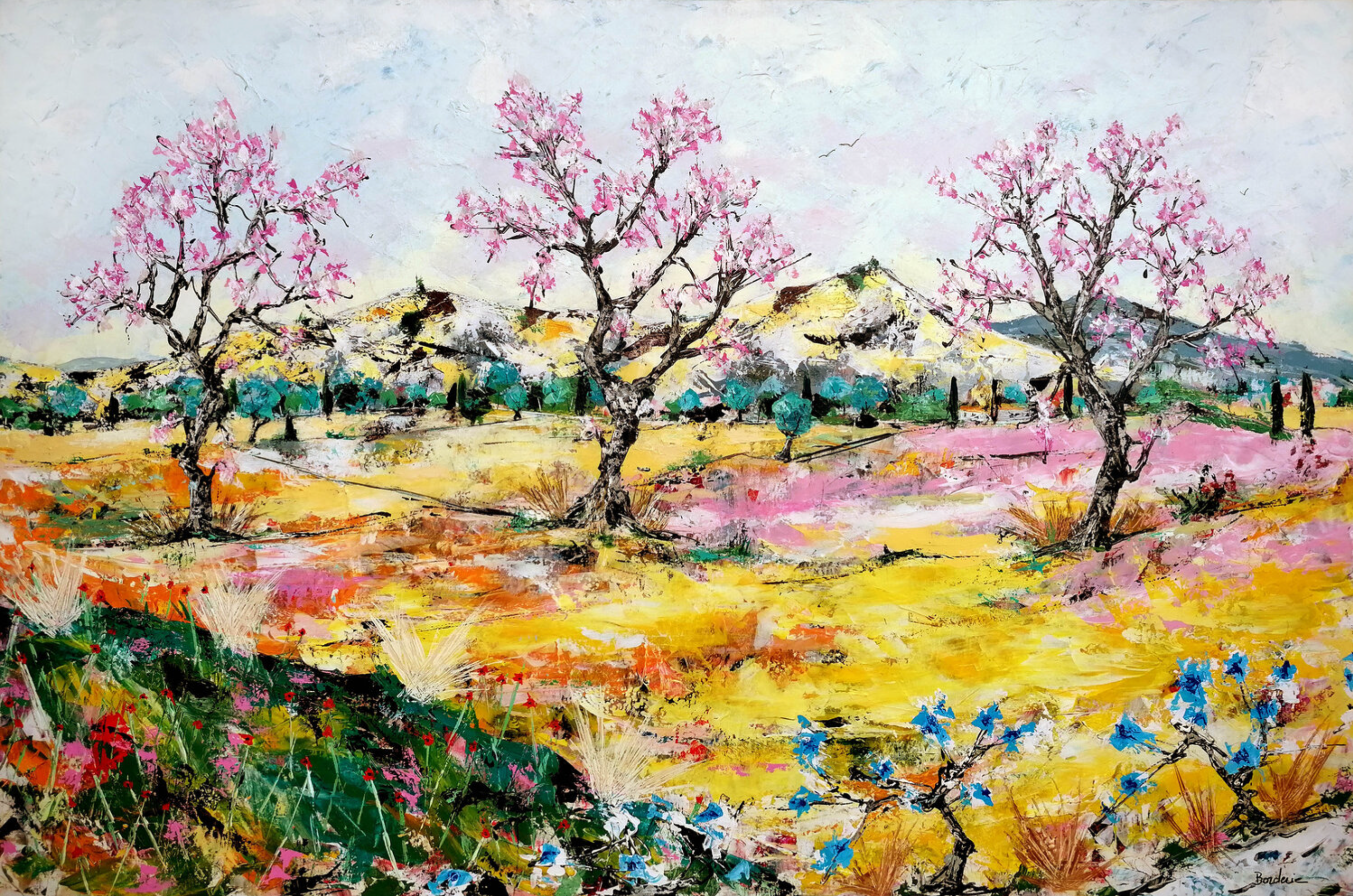 Jean-Pierre Borderies Bild "Les trois arbres dans la plaine" ist ein farbenfrohes Landschaftsgemälde. Die Farben Gelb, Pink und Blau.