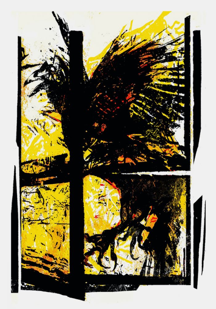 Klaus Heckhoff abstrakte Malerei illustration Raubvogel am Fenster 