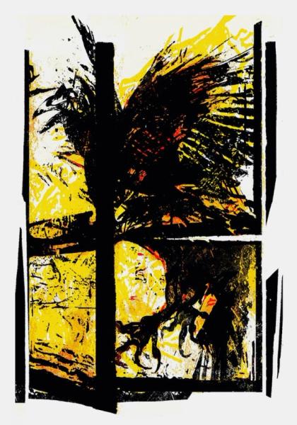 Klaus Heckhoff abstract painting illustration bird of prey at the window