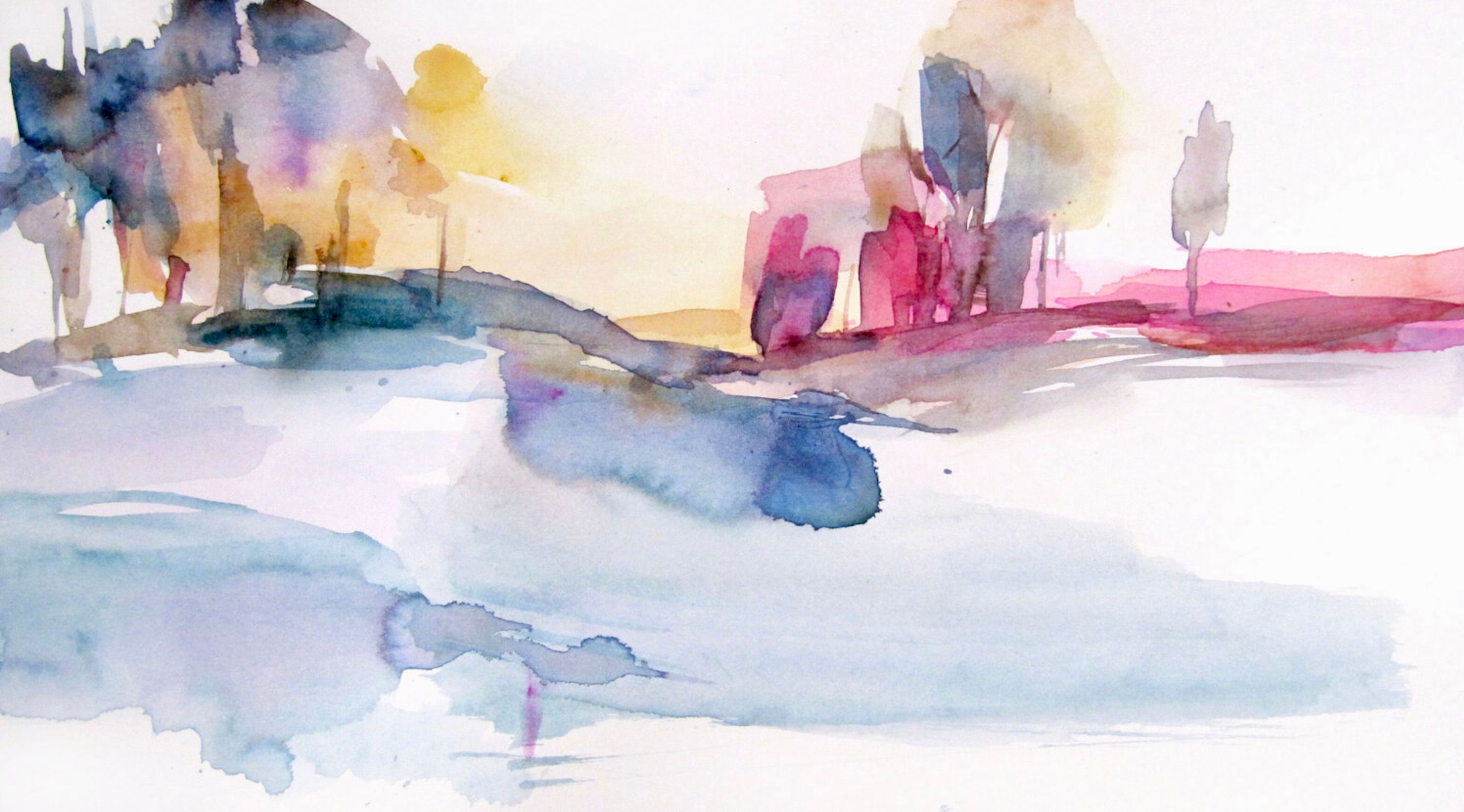 L'opera "Paysage d'automne" di Sylvia Baldeva mostra un paesaggio dipinto ad acquerello semi-astratto. Paesaggio autunnale, alberi. Colori blu, viola, giallo.