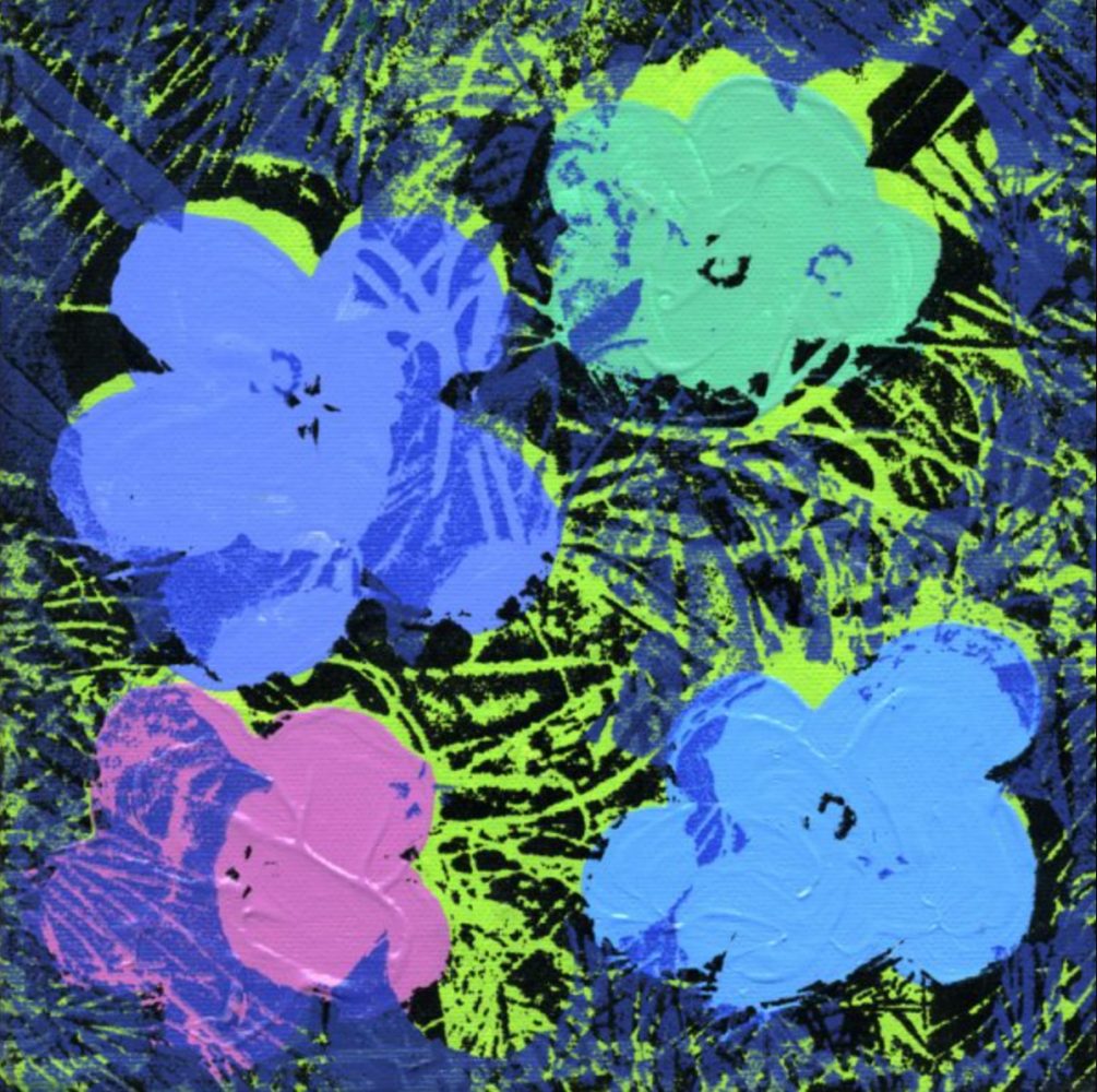 Jürgen Kuhl sérigraphie peinture minimaliste lilas bleu fleurs sur fond vert