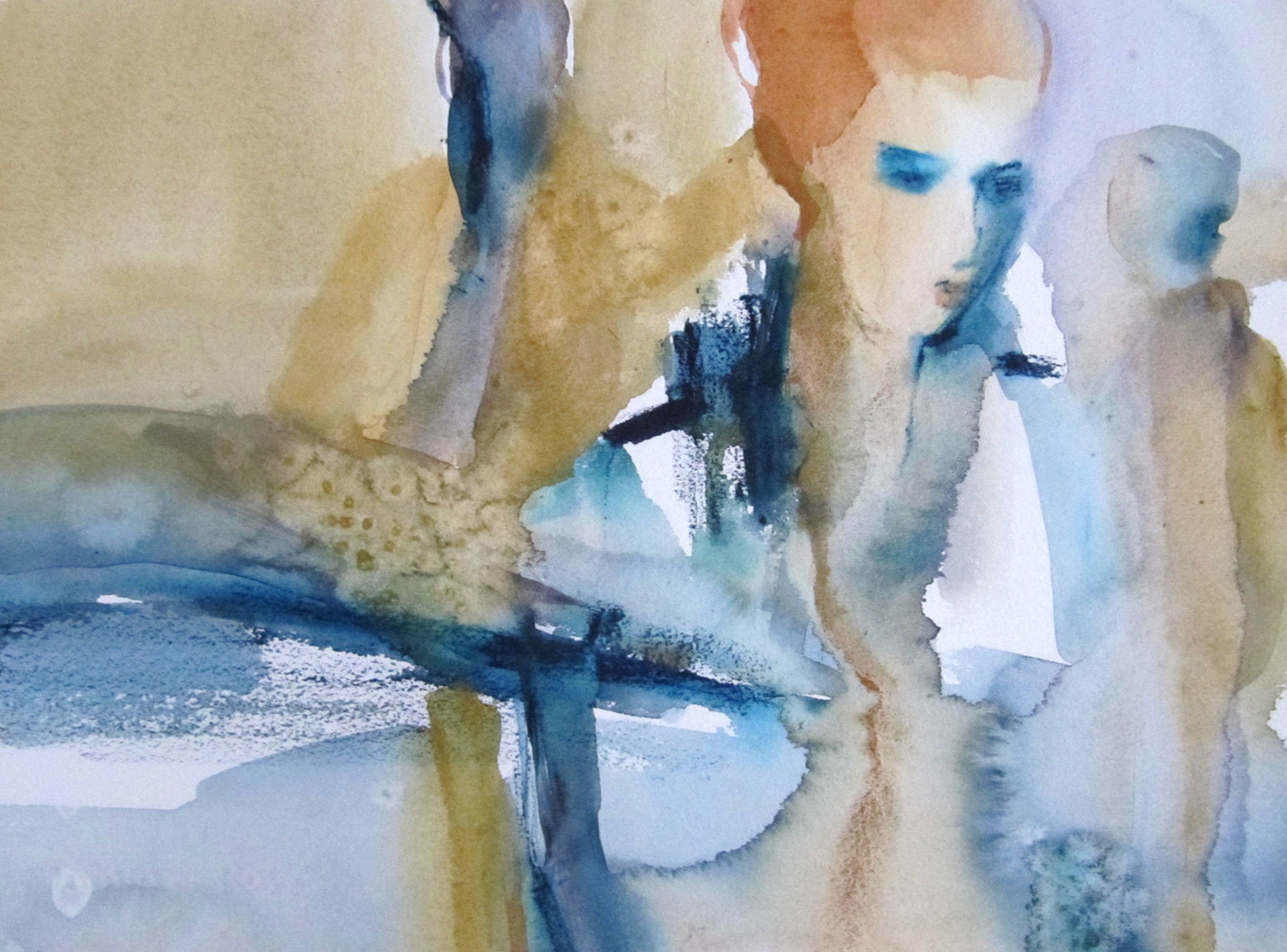 Un doute" de Sylvia Baldeva es un cuadro pintado en acuarela, semiabstracto. Retrato de mujer pensativa, sentimientos, estado de ánimo, expresionismo, acuarela sobre papel Canson®.