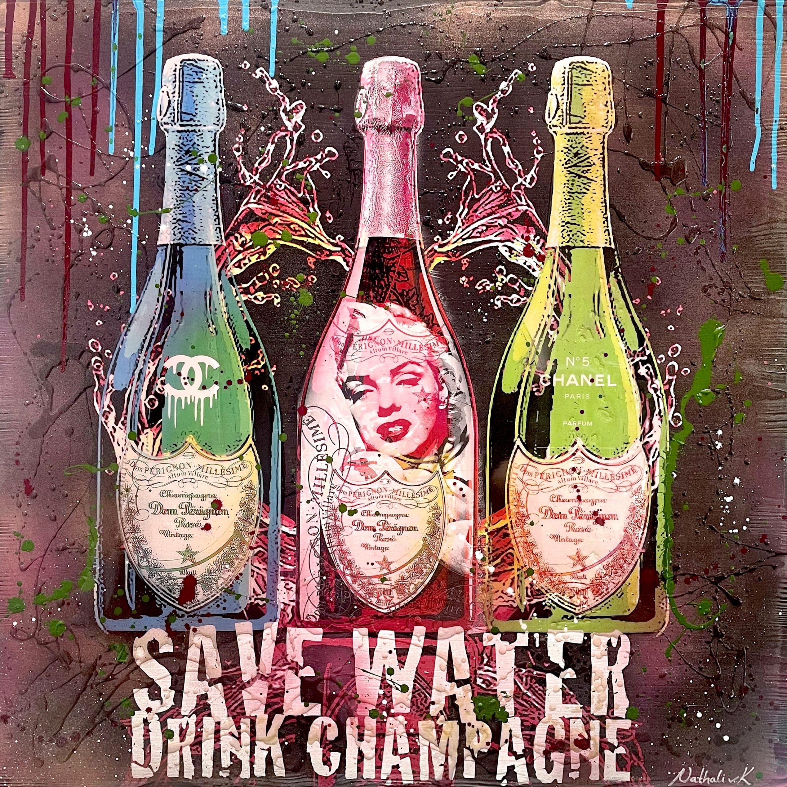 Nathali von Kretschmann Pop-Up Painting "Save Water Drink Champagne" tres botellas de Dom Perignon