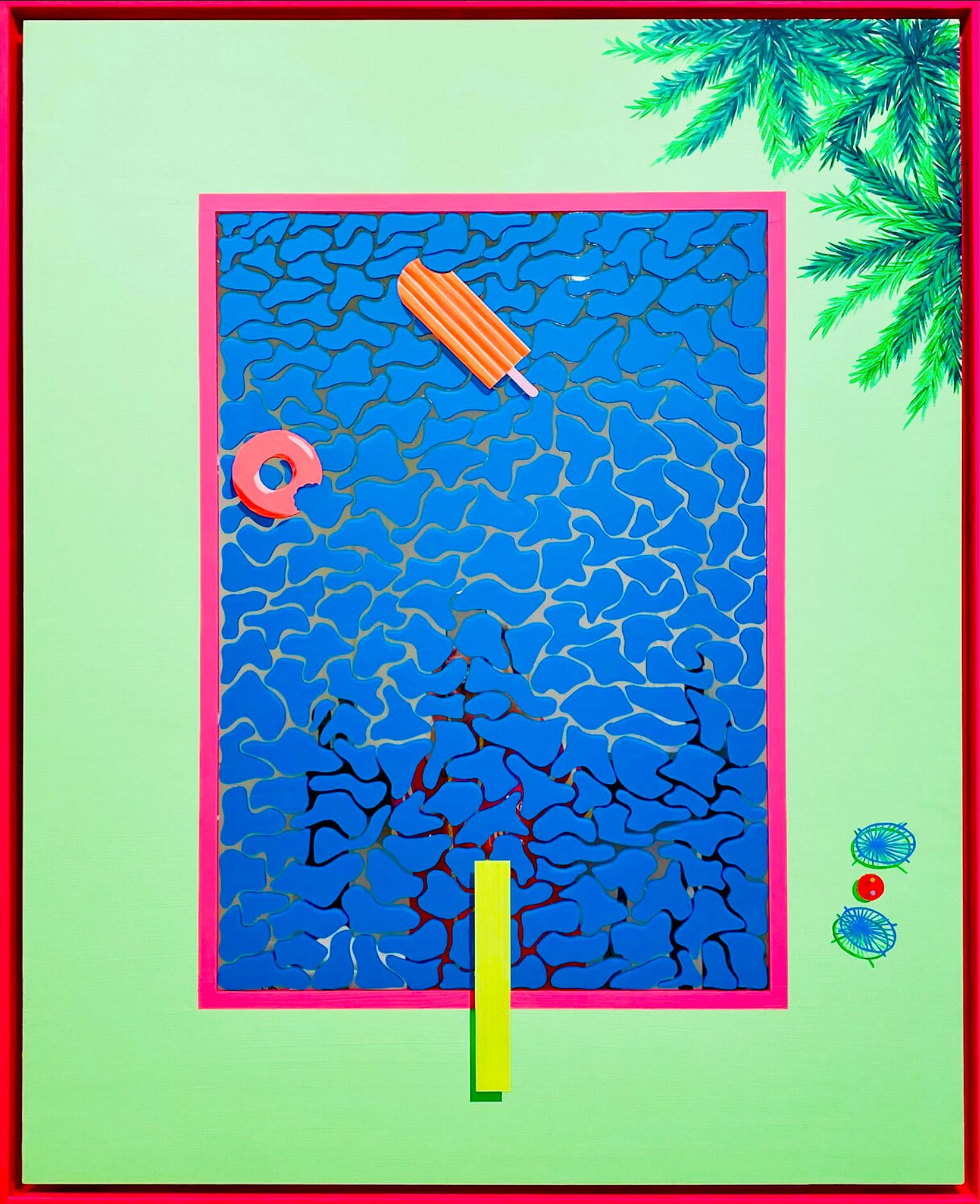 Isabelle Derecque, "星期天在游泳池" 彩色的绘画，在一个神秘的彩色游泳池的地方，以弹出式的风格画在有机玻璃镜面上，有欢快和充满活力的颜色。通过几何学、透视、对比和反射进行视觉化。