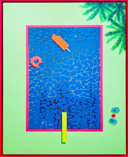 Isabelle Derecque, "Sunday at the pool"  Farbenfrohes Gemälde, an einem geheimnisvoll farbigen Swimming Pool Orte auf Plexispiegel in Pop-Up Stil mit fröhlichen und energischen Farben gemalt. Visualisiert durch Geometrie, Perspektiven, Kontraste und Spiegelungen.