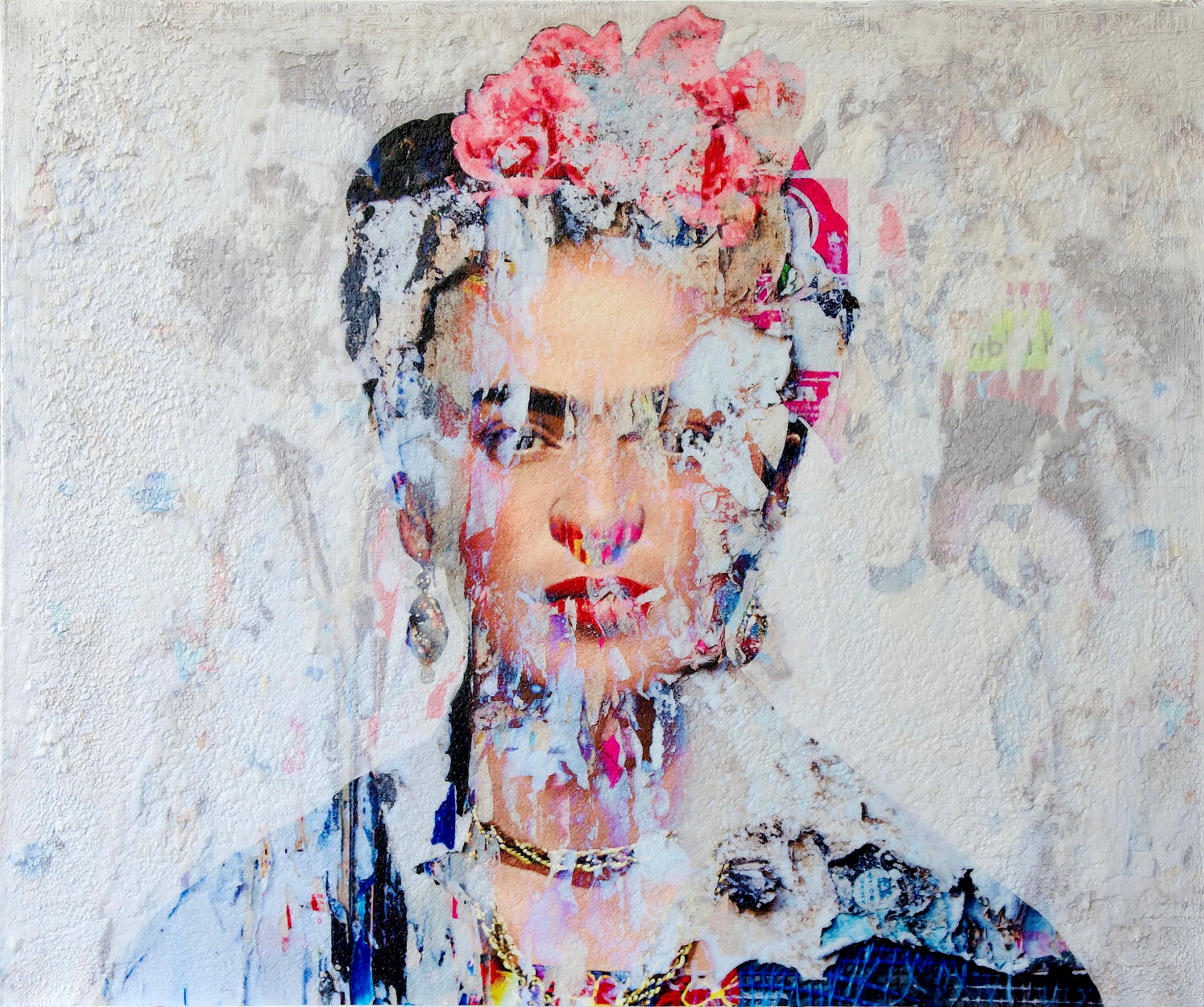Frida Kahlo" di Karin Vermeer è una combinazione ed elaborazione digitale di fotografie, dipinti e collage in nuove opere originali a colori.