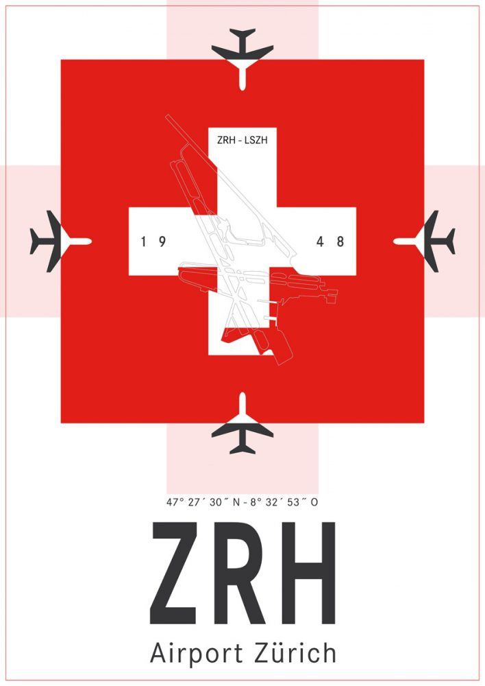 Jörg Conrad Ilustración tipográfica Aeropuerto de Zúrich y bandera de Suiza