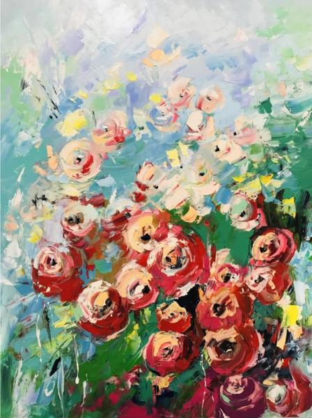Svitlana Andriichenko ist eine Ukraine/Deutsche Malerei-Künstlerin. "Rose Garden" ist ein abstraktes buntes Blumenbild. 