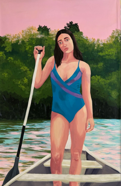 Vanessa van Meerhaeghe ist eine in Brüssel ansässige Malerin. Ihr Frauenporträt Gemälde "A solitary voyage" zeigt ein atemberaubendes Porträt einer jungen Frau im elegant und farbenfrohen Badeanzug. Vanessa liebt es, mit kühnen Mustern zu arbeiten.