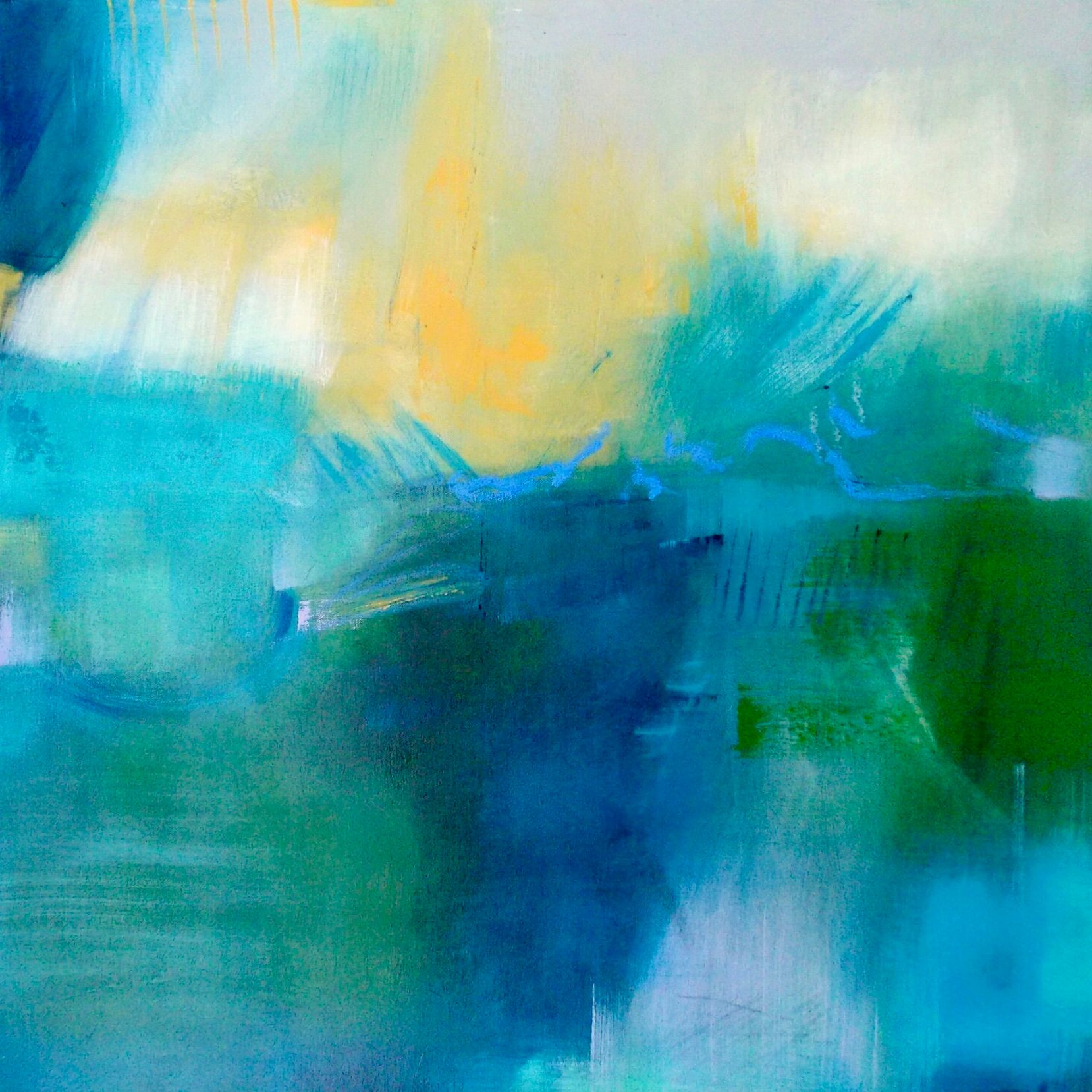 Amanecer en el lago" de Christa Haack Esta pintura abstracta llena de color muestra un lago en el que sólo contrastan el blanco, el verde y el azul. A continuación, se añade otro color en forma de remolino para llenar la obra de atrevidos trazos y acción.