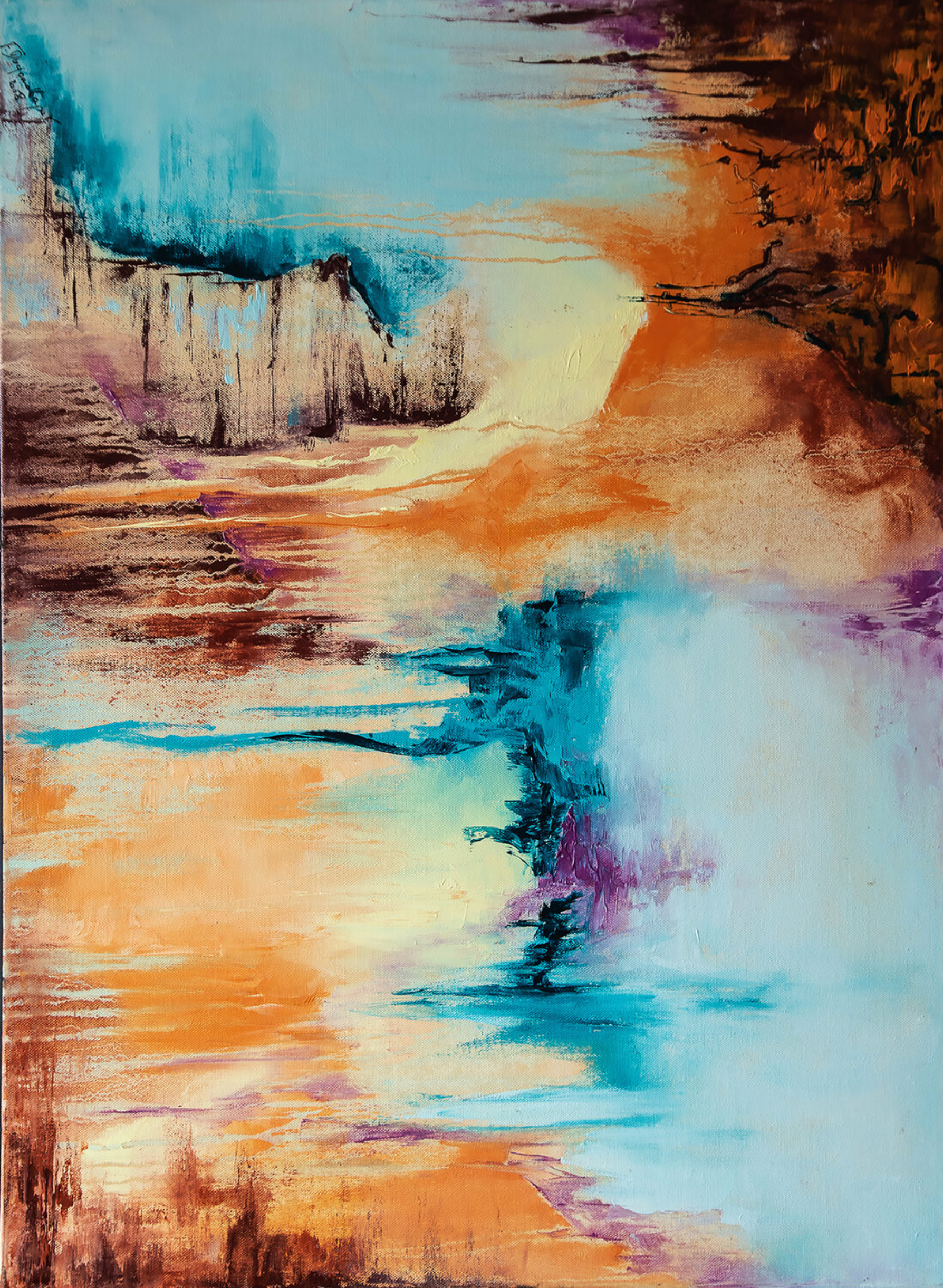 Il dipinto astratto "Entre-Soi" di Françoise Dugourd-Caput mostra un'astrazione paesaggistica, un aspetto crepacciato e gocce nei colori della terra, del mare, del cielo e del calore Miseria e tranquillità si combinano in questo dipinto per creare un invito al viaggio