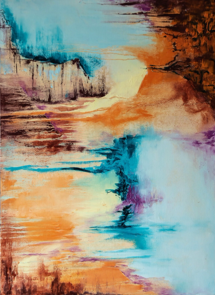 Françoise Dugourd-Caput's "Entre-Soi" abstraktes Gemälde zeigt Landschaftsabstraktion, Spaltenaspekt und Tropfen in den Farben von Erde, Meer, Himmel und Hitze Elend und Ruhe verbinden sich in diesem Gemälde zu einer Einladung zum Reisen