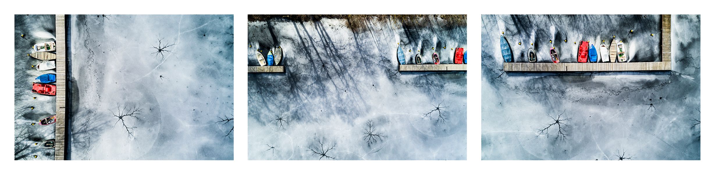Stefan Kuhn's "Lakeshore Operations / Winter Serie #7" Drohnen Fotografie zeigt ein Seeufer mit 3 Motiven in einem Bild.