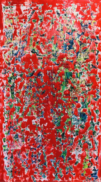 Svitlana Andriichenko ist eine Ukraine/Deutsche Malerei-Künstlerin. "Africa. A44" ist ein abstraktes Bild. Rot und Grün sind die dominierenden Farben.