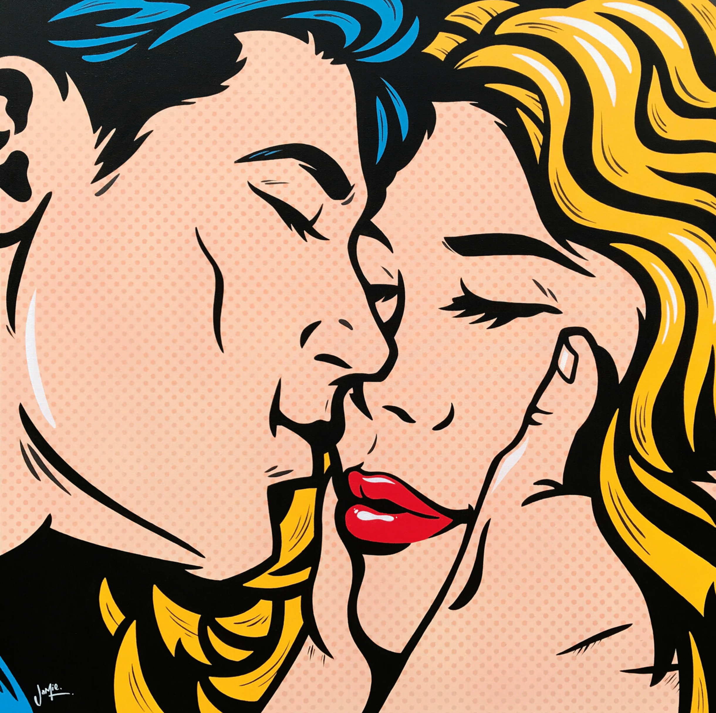 杰米-李的《期待》流行艺术画，漫画风格，有原创设计，一对年轻的恋人期待他们的初吻，他轻轻地捧着她的脸。漫画风格的流行艺术画，有原创设计。