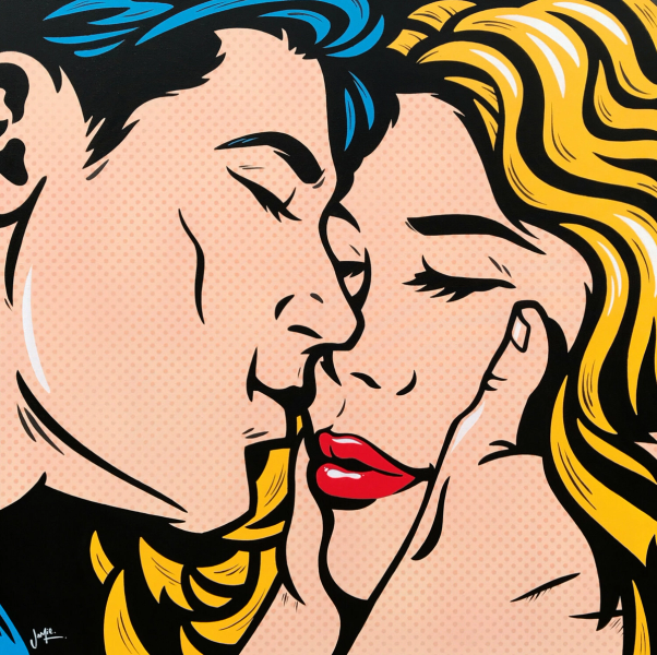 Jamie Lee's "Anticipation" Pop-Art-Gemälde im Comic-Stil mit originellem Design, ein junges Liebespaar erwartet ihren ersten Kuss, als er sanft ihr Gesicht hält. Pop-Art-Malerei im Comic-Stil im Originaldesign.