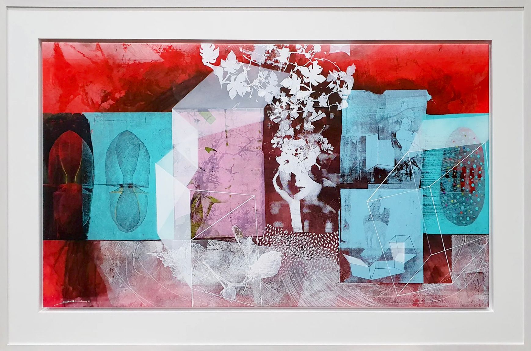 Dieter Nusbaum abstrakte Malerei Siebdruck cyan rote Illustration von Zellen Frauenkopf mit Blumen