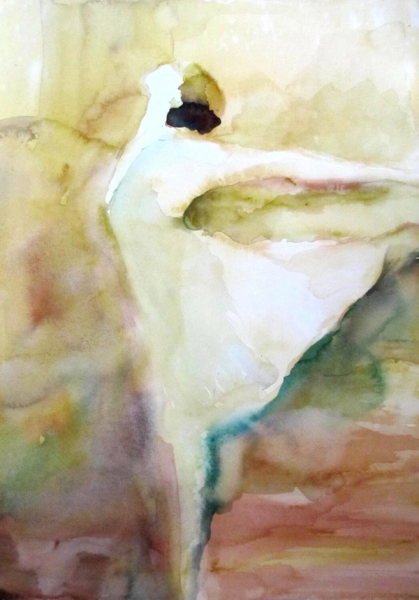 Sylvia Baldeva's "Danse passion" zeigt ein Aquarell, semi-abstraktes gemaltes Gemälde. Tänzerin im Profil, Freude am Tanzen, Gefühl von Licht und Ekstase. Aquarell auf Canson®-Papier 