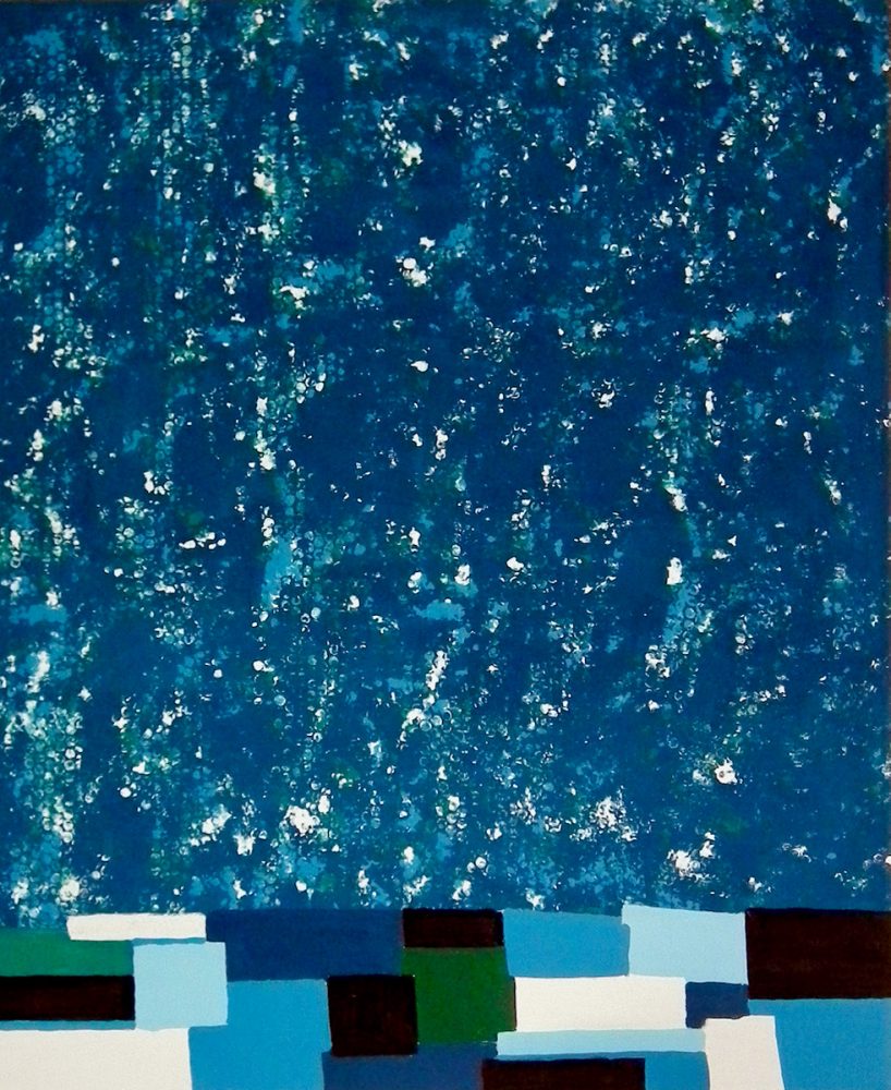 Ronny Cameron pittura astratta acqua blu con riflessi e campi di colore