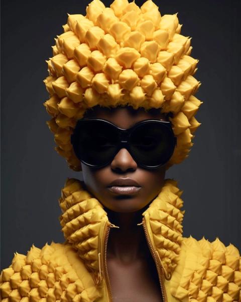 Bonny Carrera's KI generiertes Porträtbild "Pineapple Fashion" zeigt eine farbige Frau mit einem Ananas-Outfit.