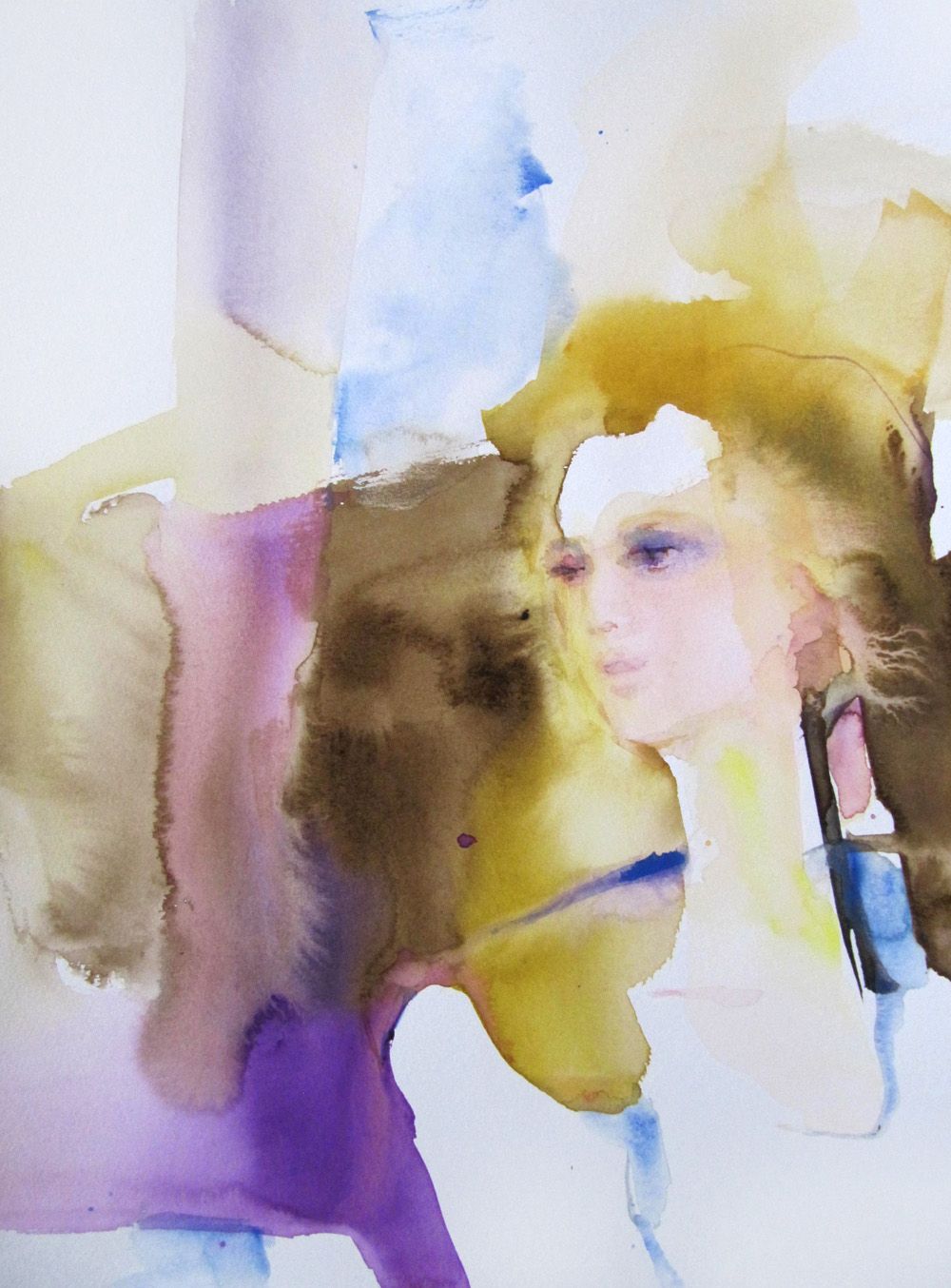 "Brise matinale" de Sylvia Baldeva pintura colorista de una mujer, inspirada, ligereza, estado del ser, expresionismo, acuarela sobre papel Canson