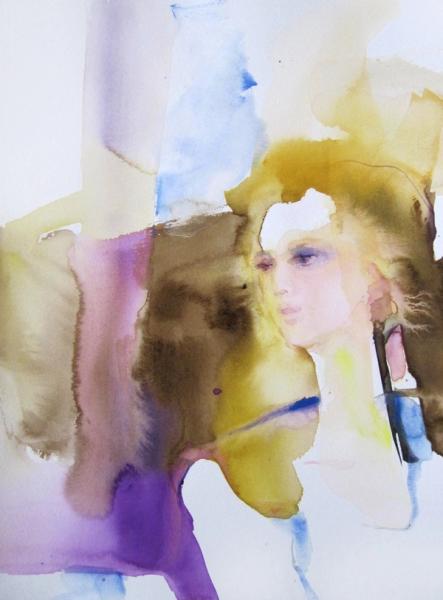 西尔维娅-鲍德瓦的 "Brise matinale "彩色女人画，灵感，轻盈，存在状态，表现主义，康森®纸上的水彩画。