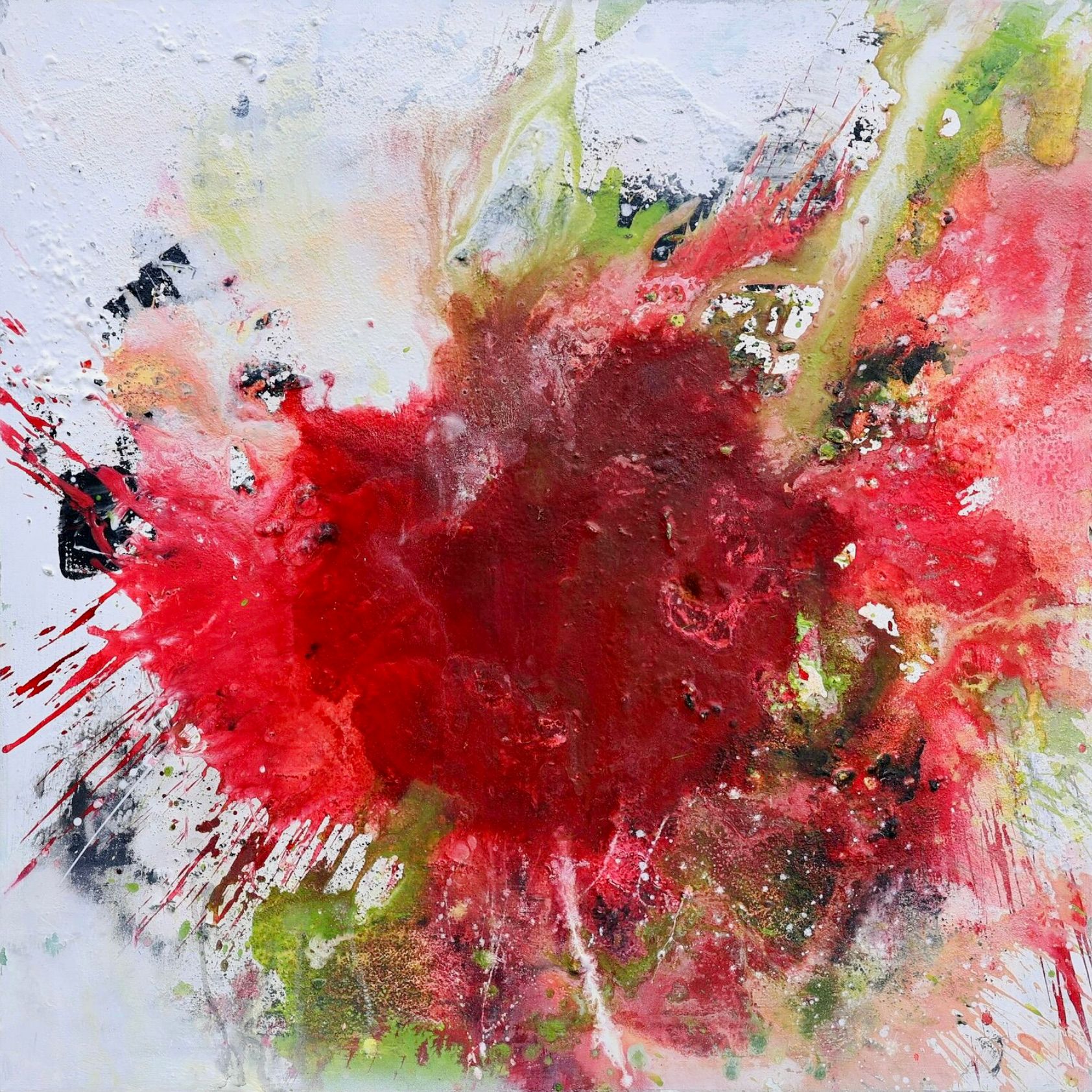 Dans la peinture expressionniste, abstraite et colorée de Christa Haack "Fleur de printemps", les couleurs rouge, rose et vert dominent.