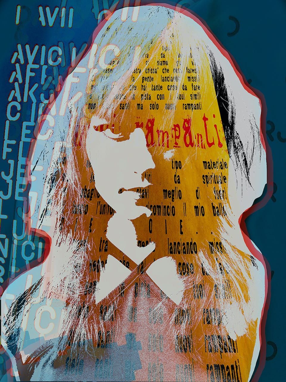 Ute Bruno foto digital ilustración collage retrato mujer con flecos y tipografía