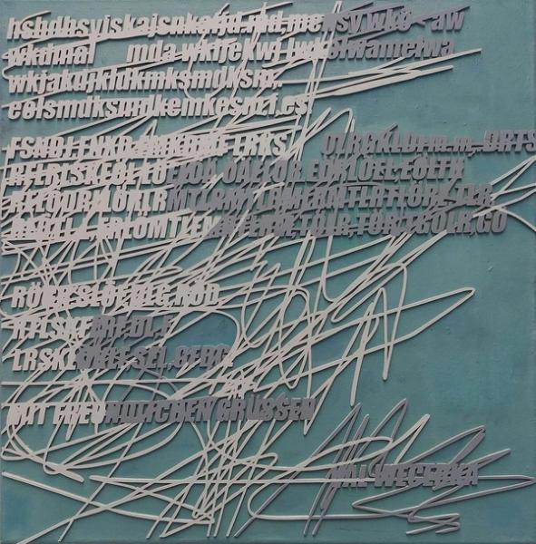 Val Wecerka Typographie in grau gekrickelt mit blauem Hintergrund