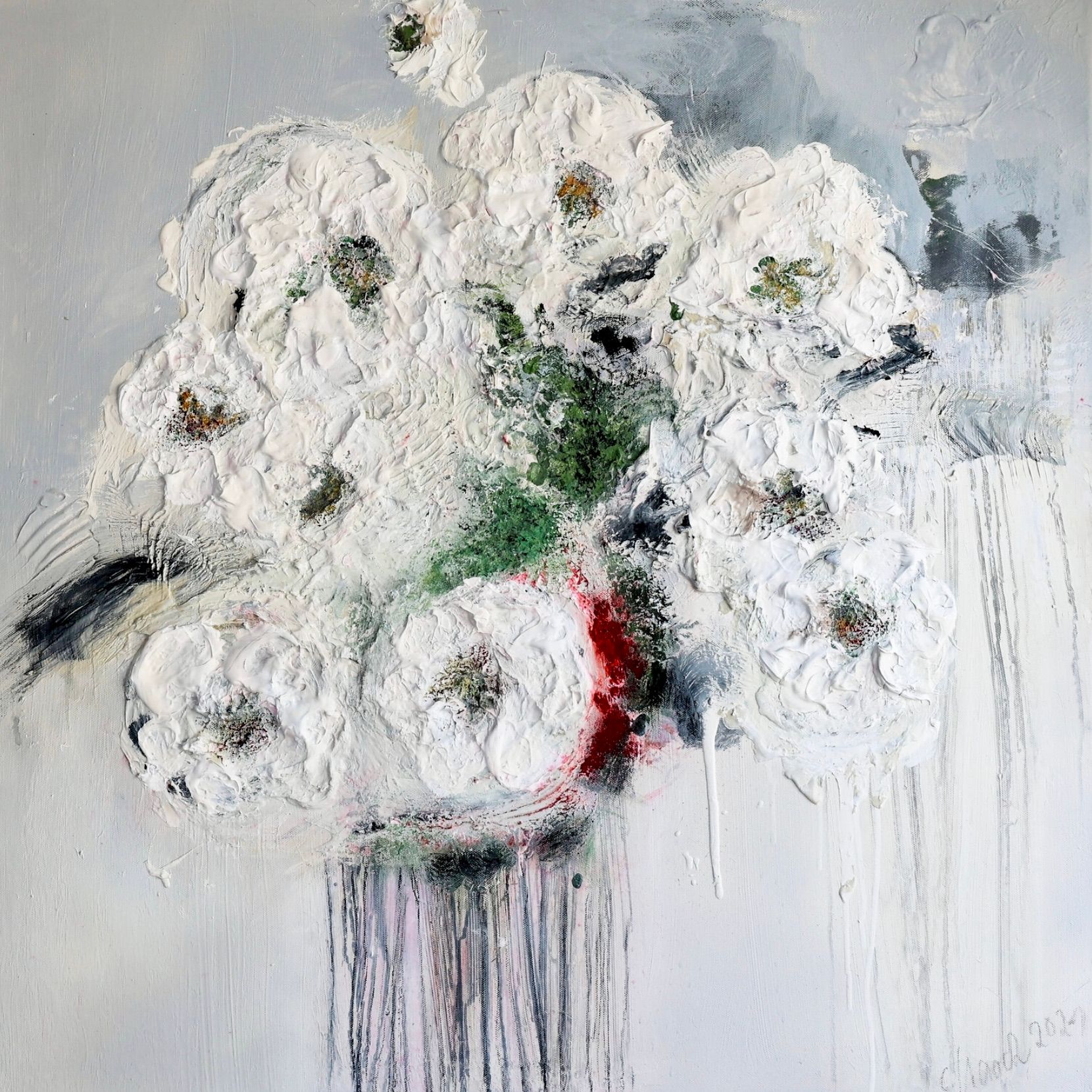 En el cuadro expresionista abstracto de flores "Im Rausch der Blumen 3" de Christa Haack dominan los colores blanco, beige, verde y rojo.