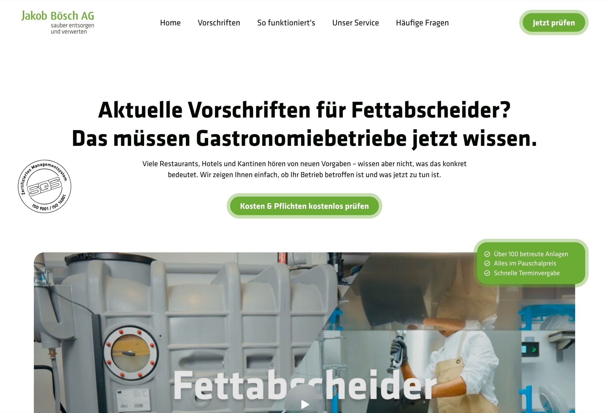 Landingpage der Jakob Bösch AG: «Aktuelle Vorschriften für Fettabscheider? Das müssen Gastronomiebetriebe jetzt wissen.» mit Video darunter