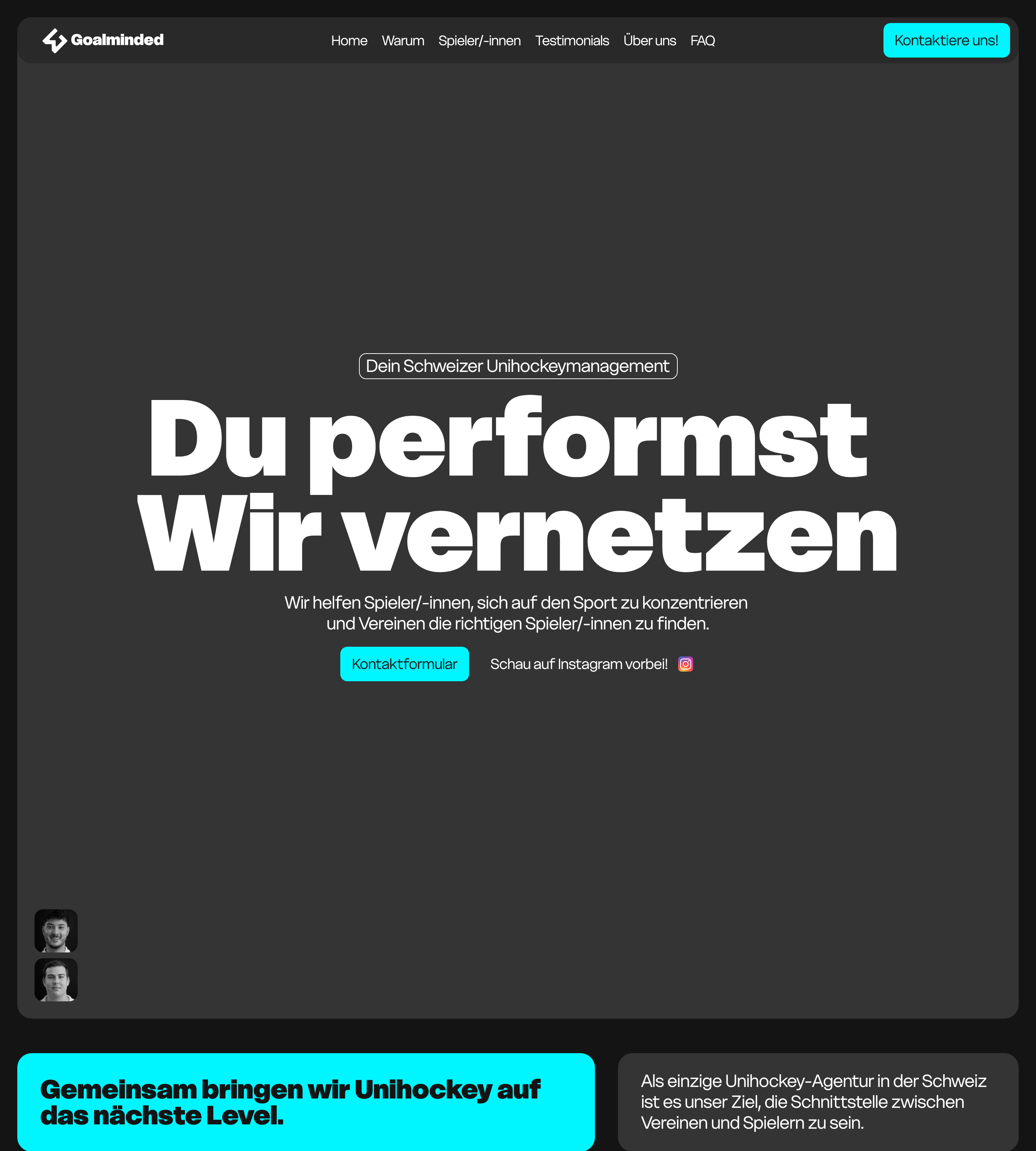 Startseite von Goalminded, dunkel gehalten, mit der Doppelzeile im Zentrum