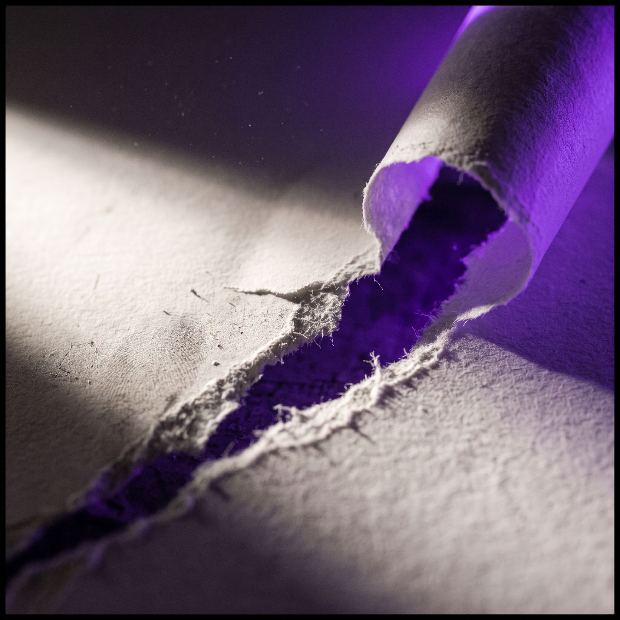 Makroaufnahme eines reissenden Blattes Papier, violettes Licht fällt durch den spalt auf die ausgefransten Fasern.
