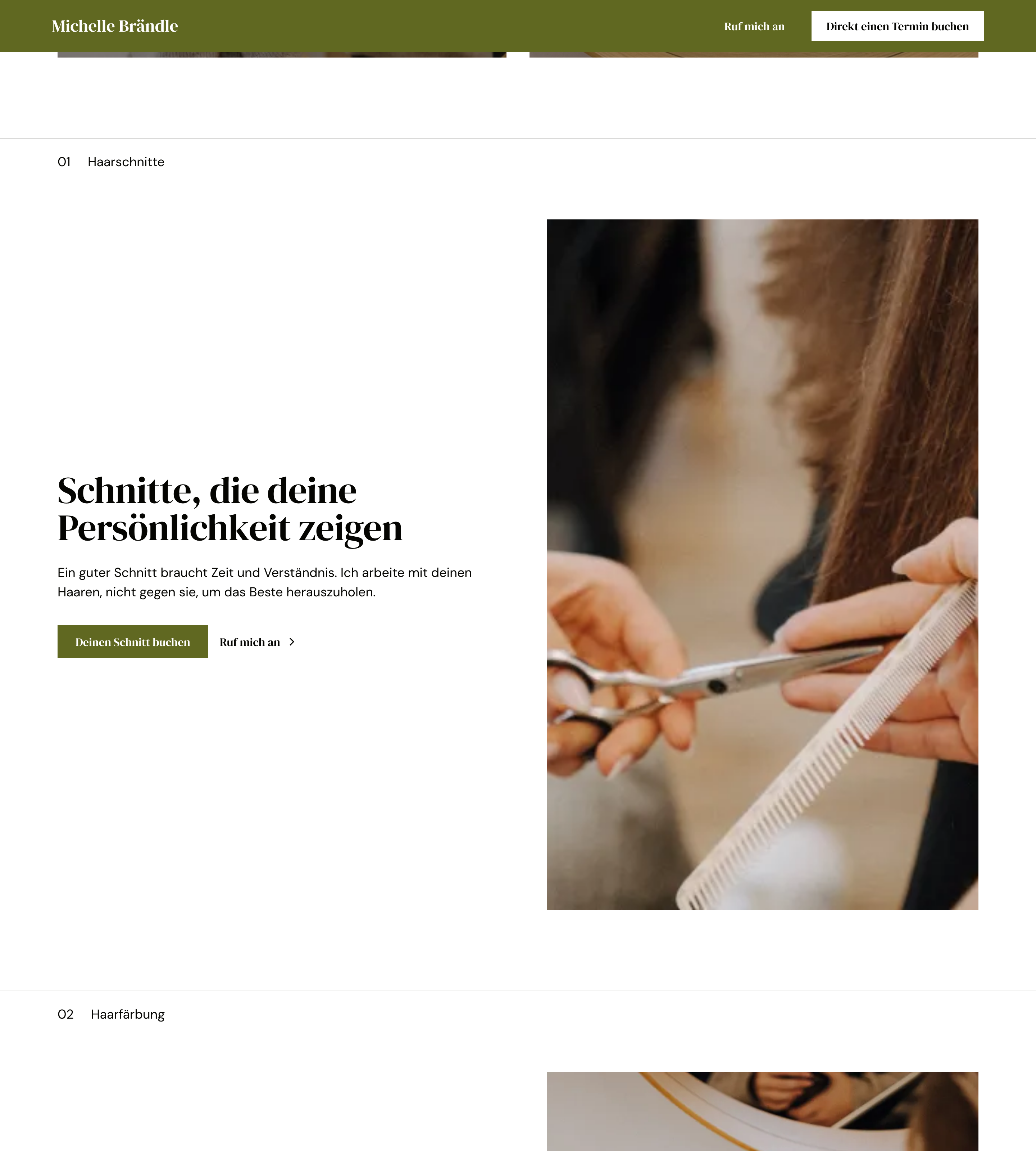Leistung 01, Haarschnitte, mit Text links und einem Bild aus dem Salon rechts