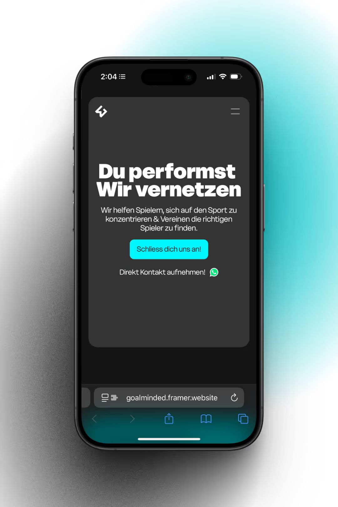 Dieselbe Startseite auf dem Smartphone: Titel, ein Satz Erklärung und direkt darunter der Kontakt über WhatsApp
