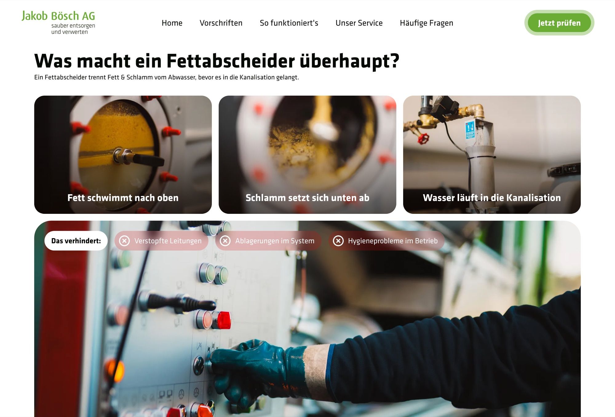 Abschnitt «Was macht ein Fettabscheider überhaupt?» mit echten Aufnahmen aus dem Betrieb