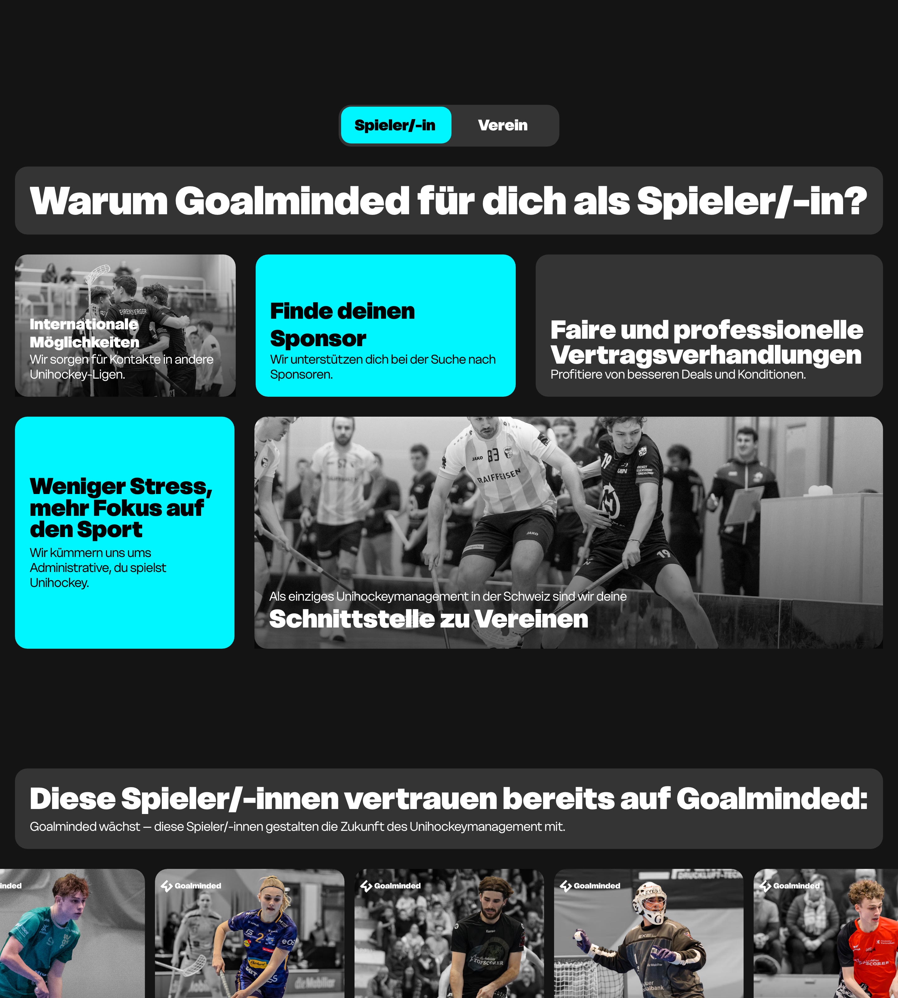 Der Umschalter zwischen Spieler/-in und Verein, beide auf derselben Seite