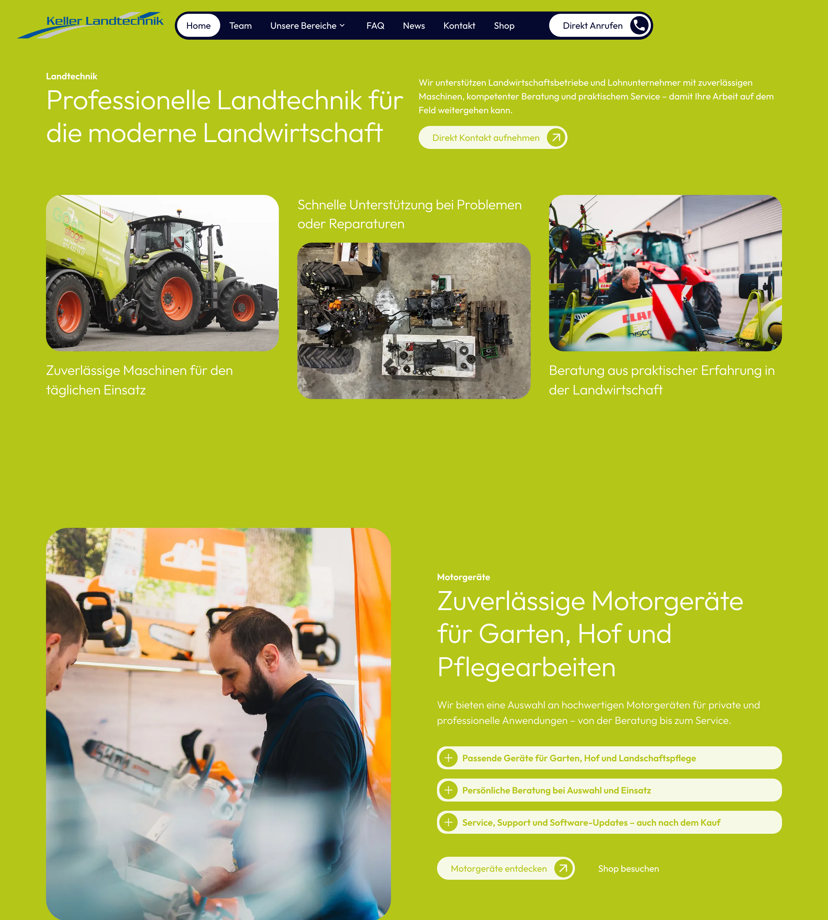 Der Bereich Landtechnik mit eigenem Text und eigenem Kontakt-Button