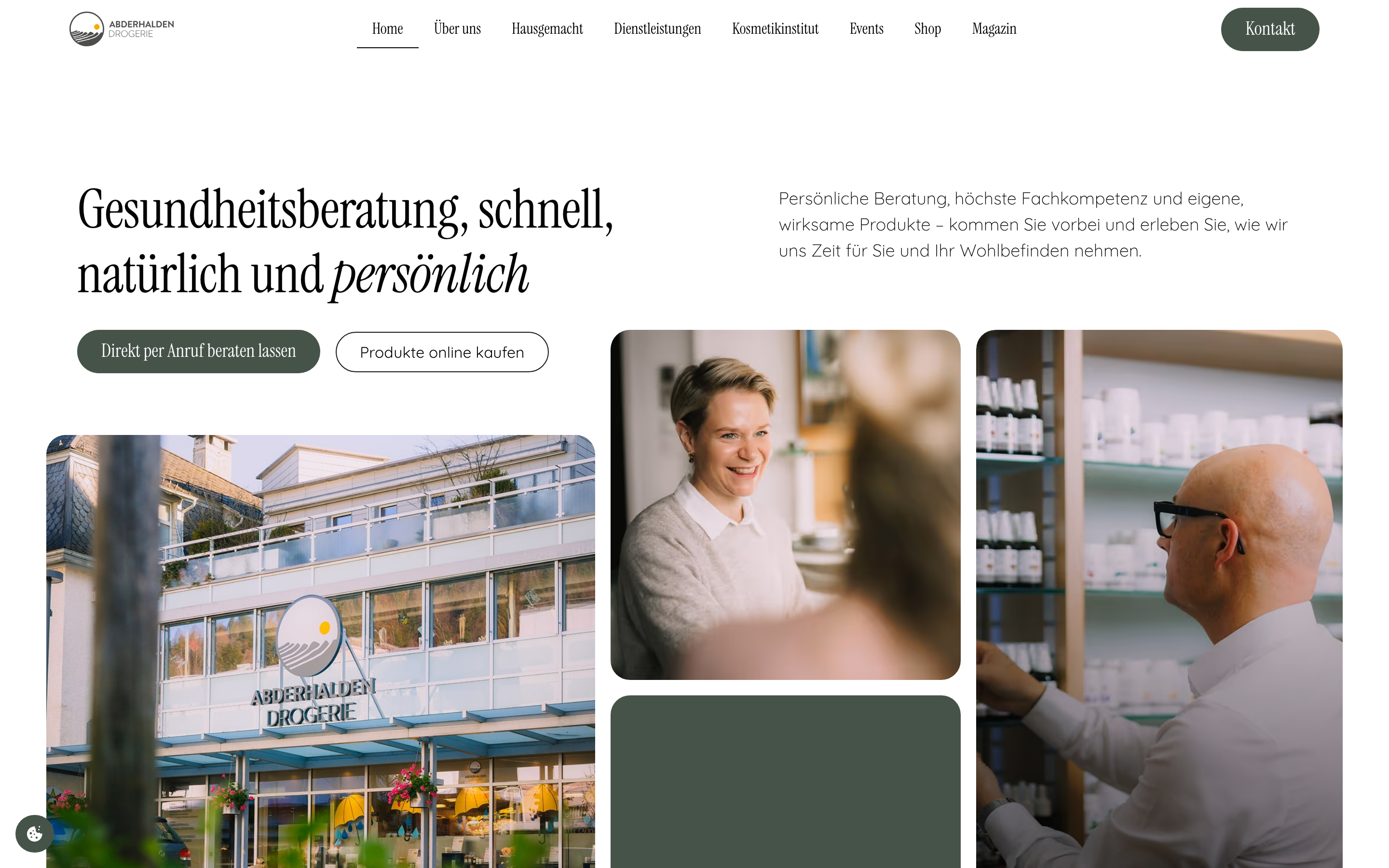 Startseite der Abderhalden Drogerie mit der Zeile «Gesundheitsberatung, schnell, natürlich und persönlich»