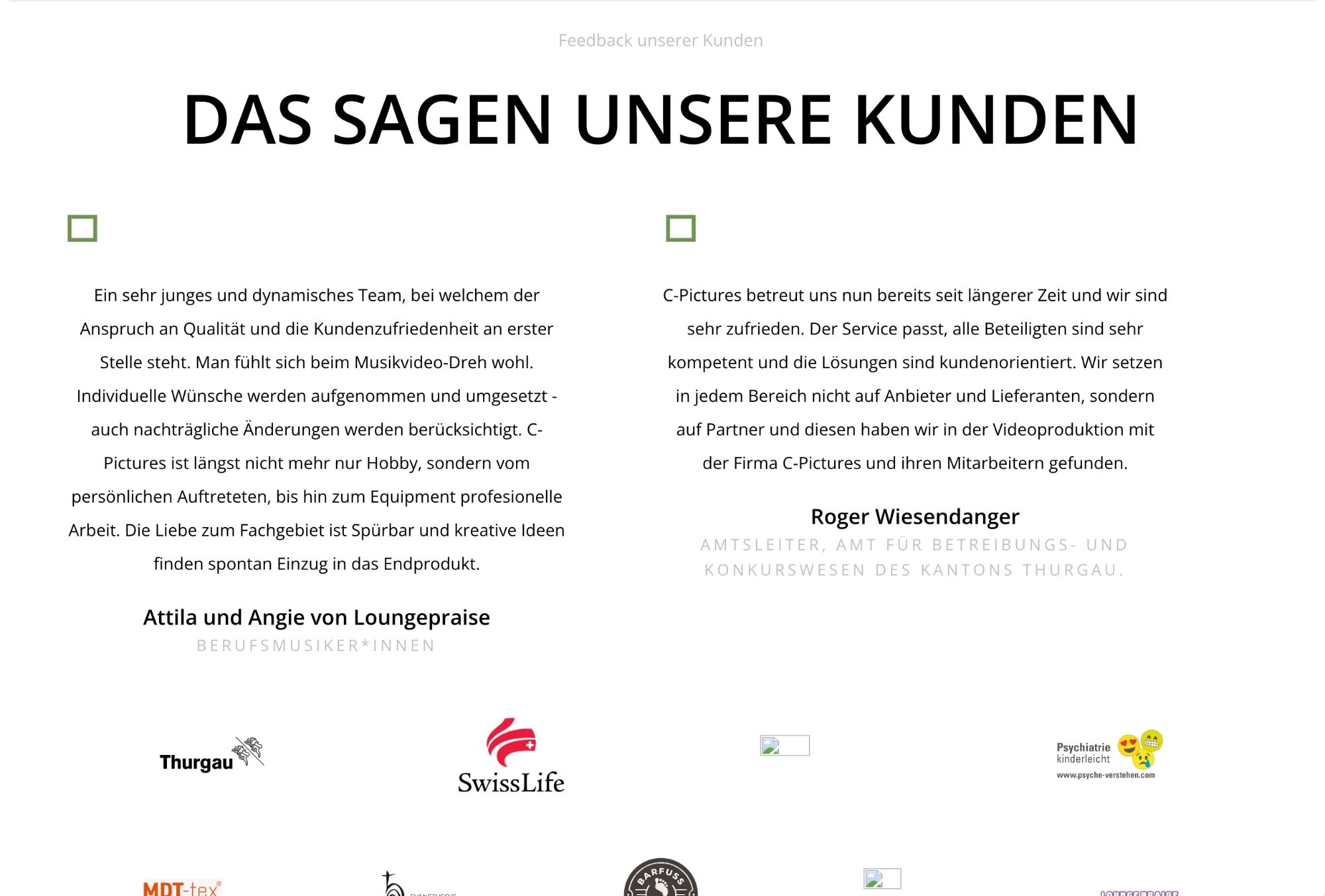 Alte Kundenstimmen als zwei lange Textblöcke, darunter eine Logoreihe mit zwei kaputten Bildplatzhaltern