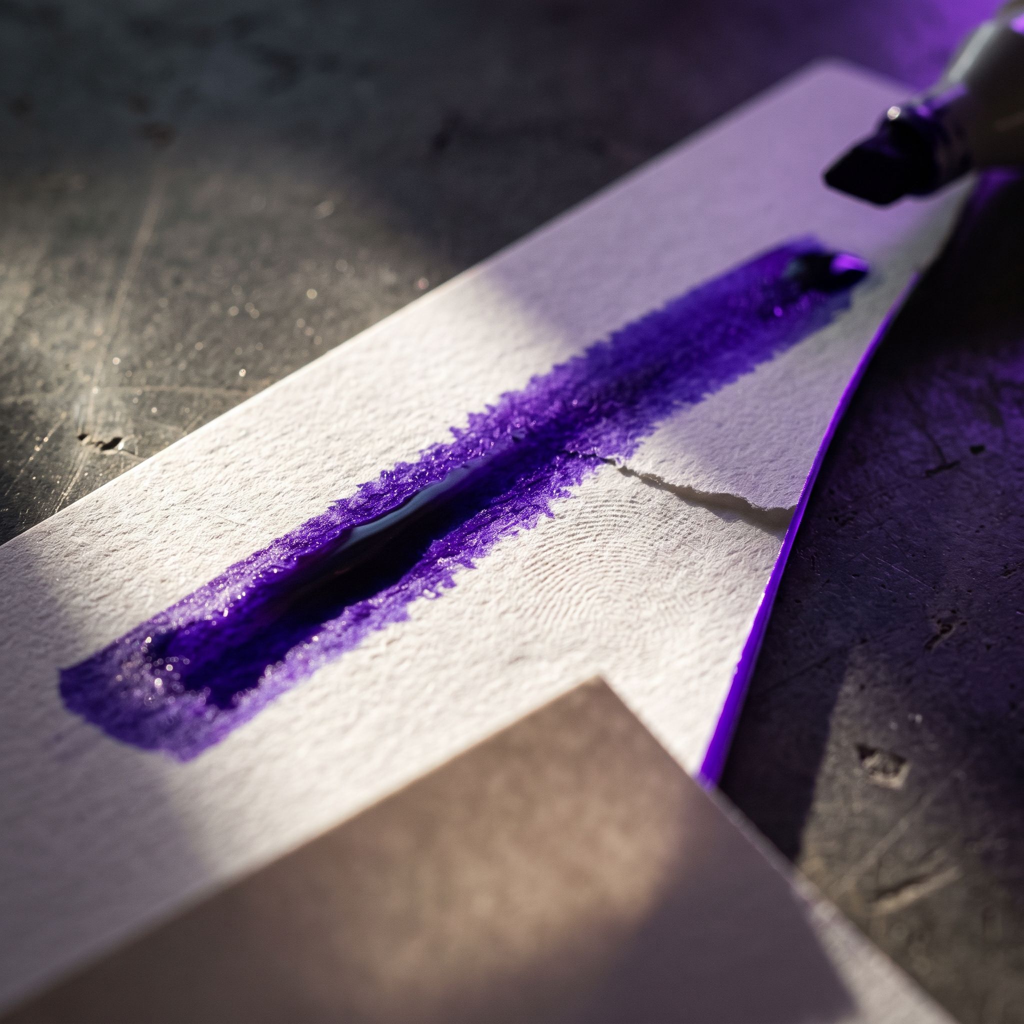 Makroaufnahme eines violetten Markerstrichs, dessen nasse Tinte in die Papierfaser läuft.