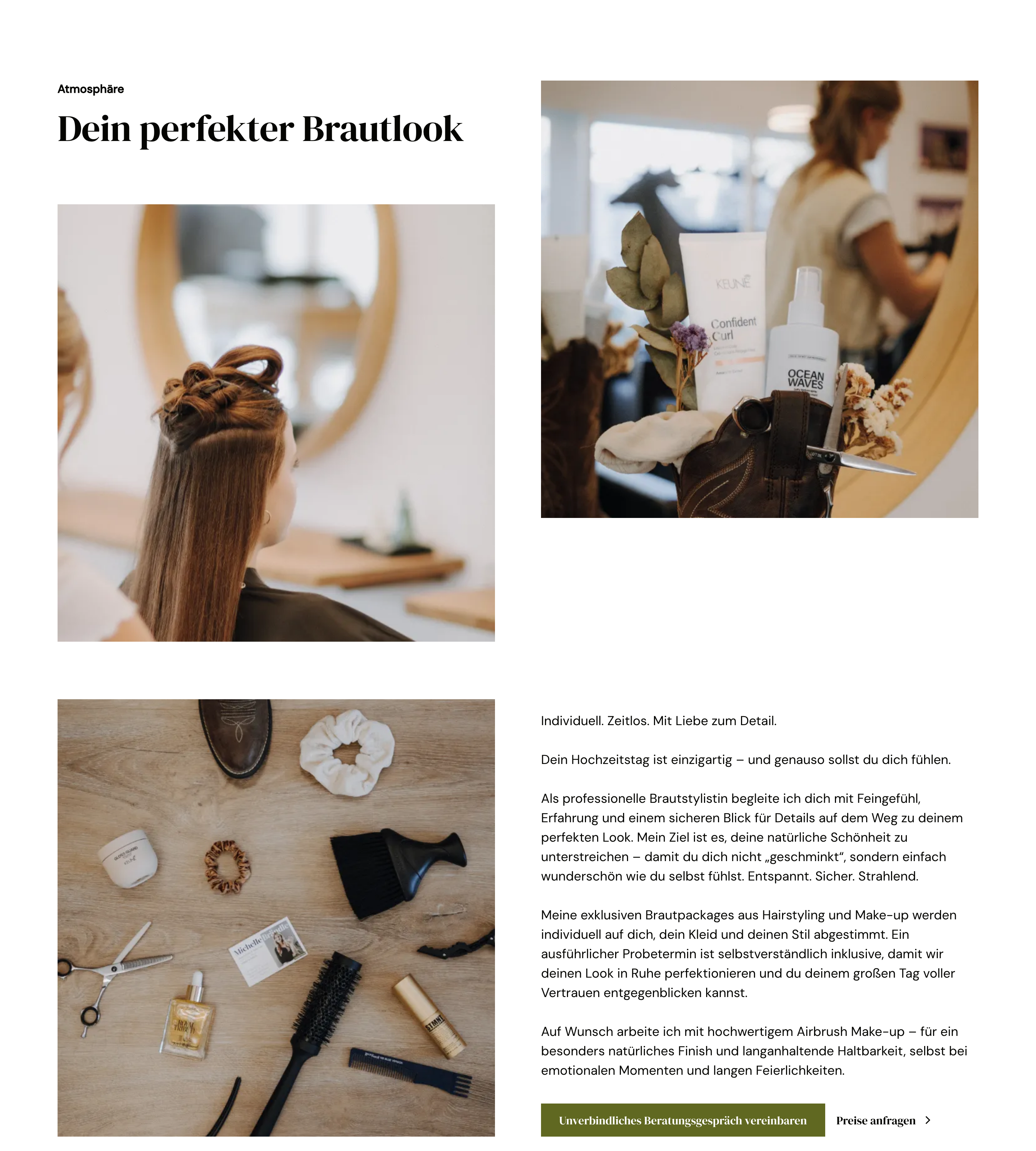 Abschnitt Brautlook mit drei Bildern und dem Text zu den Brautpaketen