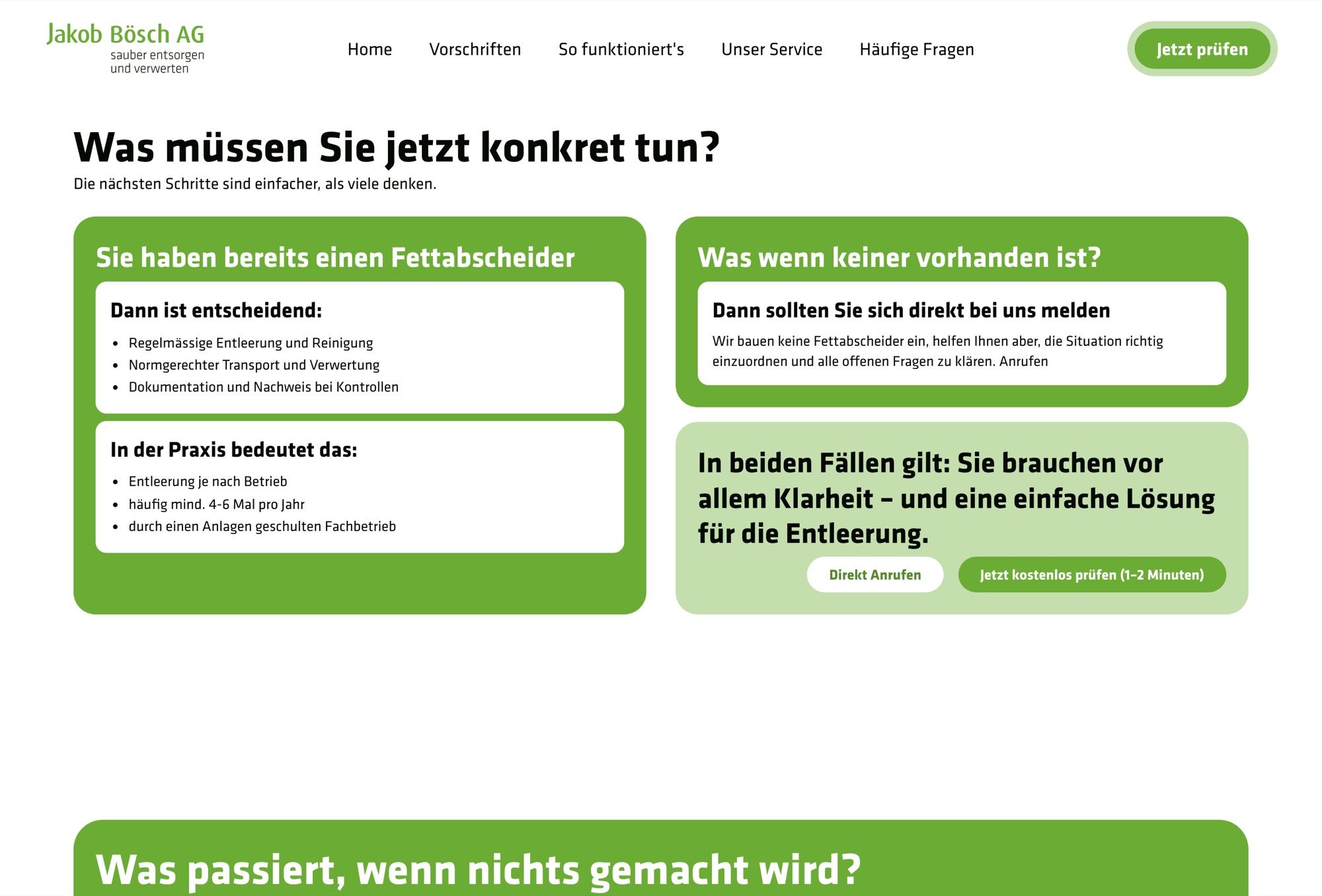 Abschnitt «Was müssen Sie jetzt konkret tun?» mit den Fällen mit und ohne Fettabscheider