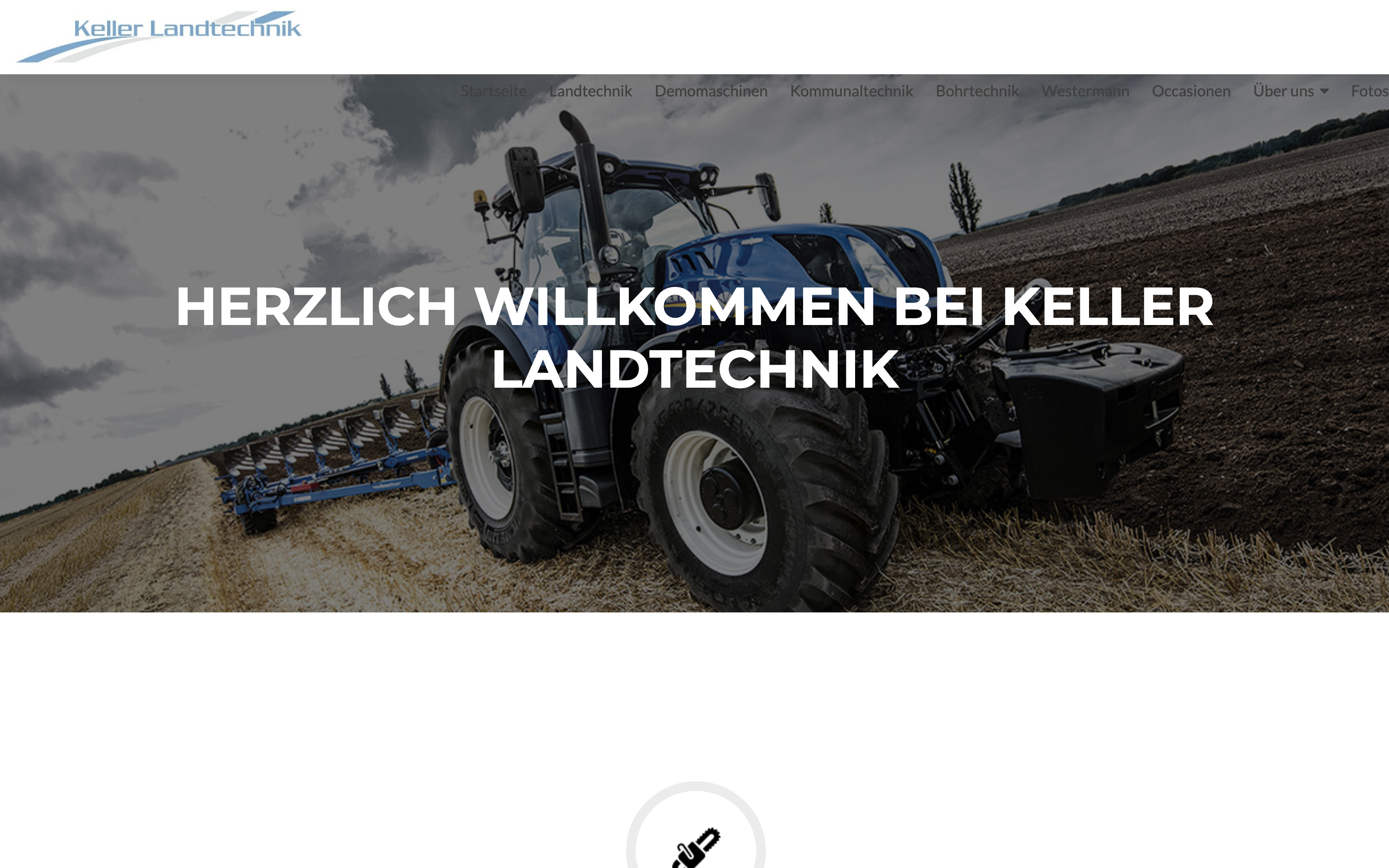 Die alte Startseite: Logo über einer Menüzeile mit neun Einträgen, darunter ein Traktorfoto mit Begrüssung